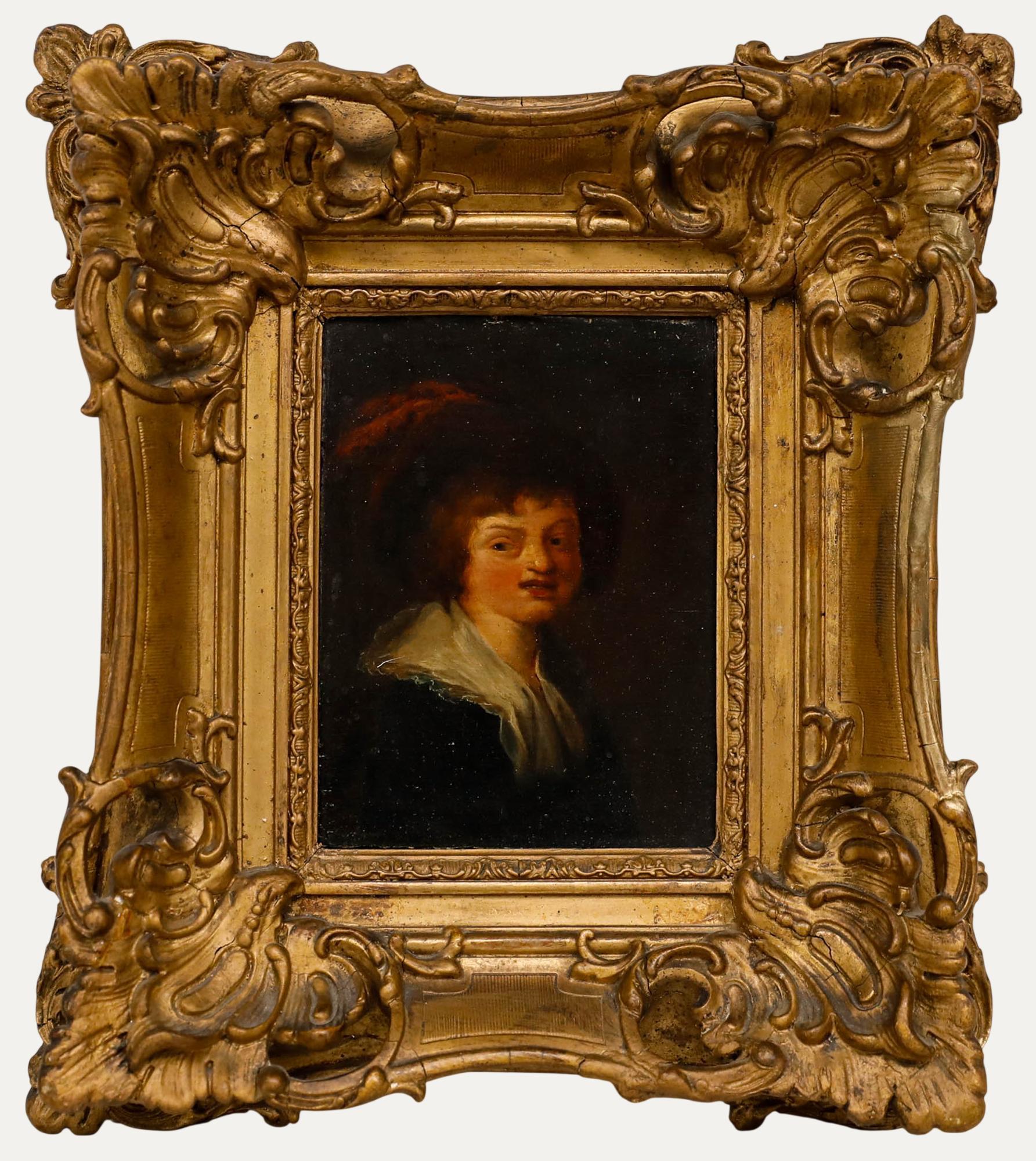 Portrait Painting di Unknown - Olio di scuola olandese dell'inizio del XIX secolo - Ragazzo con cappello di piume