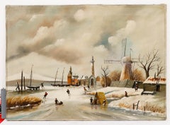 Dutch School Early 20th Century Oil - Ice Skating on the Lake