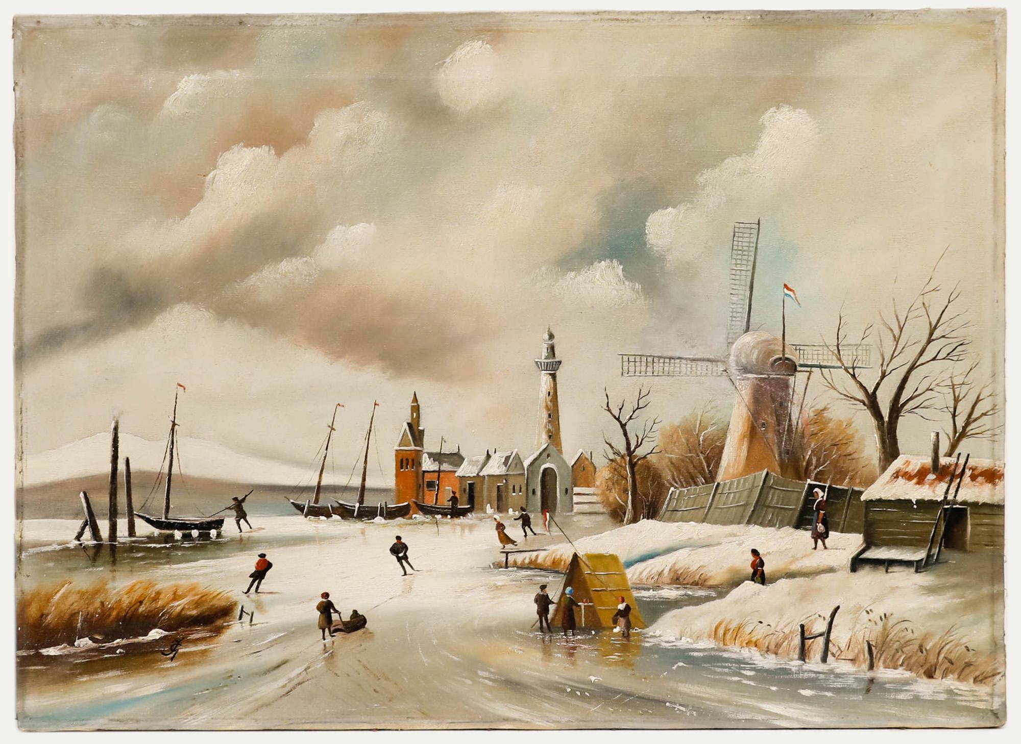 Ölgemälde der niederländischen Schule des frühen 20. Jahrhunderts - Eisskifahren am See