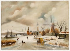 Vintage Dutch School Early 20th Century Oil - Ice Skating on the Lake