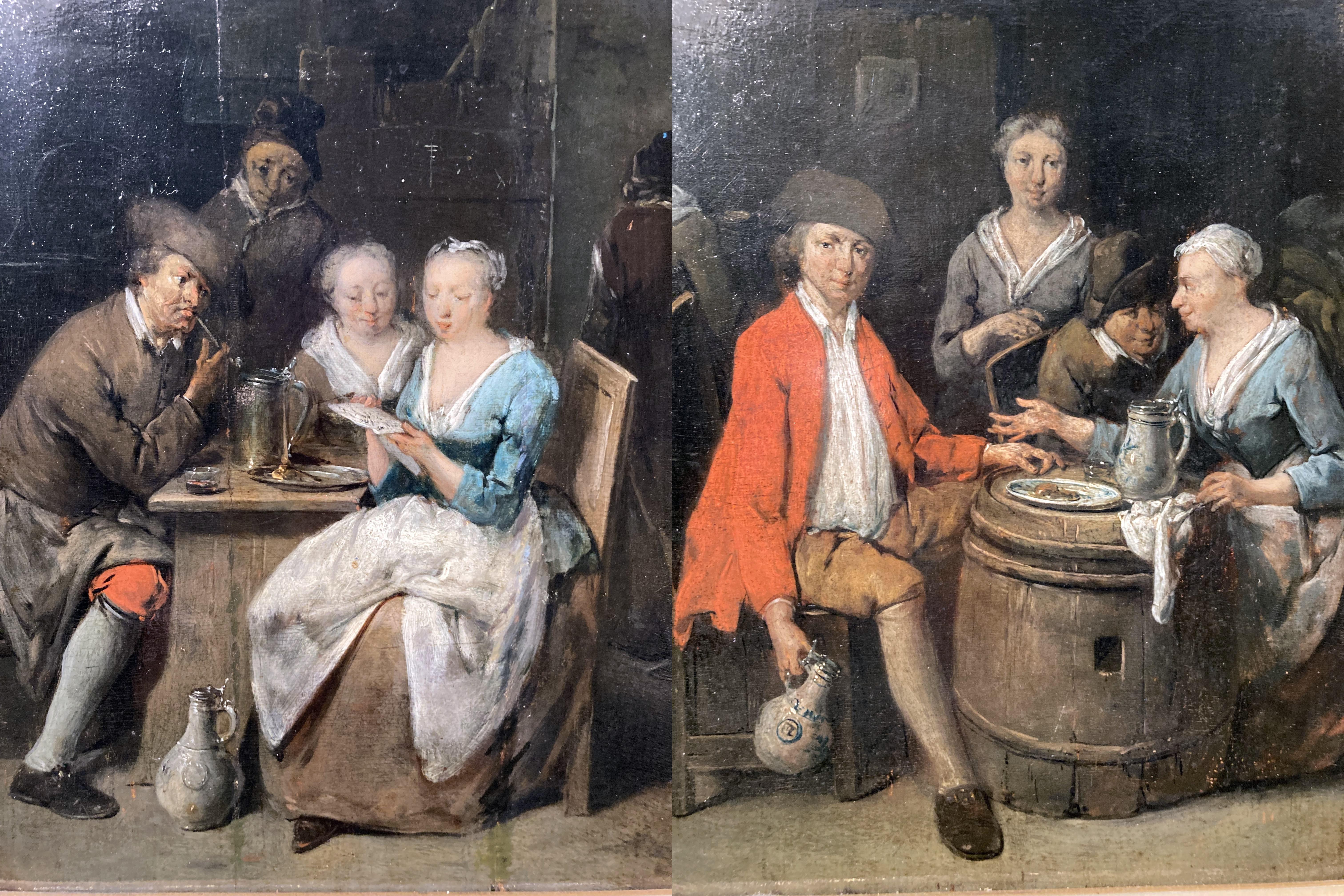 Unknown Figurative Painting - Dutch School, Elegant Couple, Tavern Interior Scene, Cabinet Piece, A PAIR