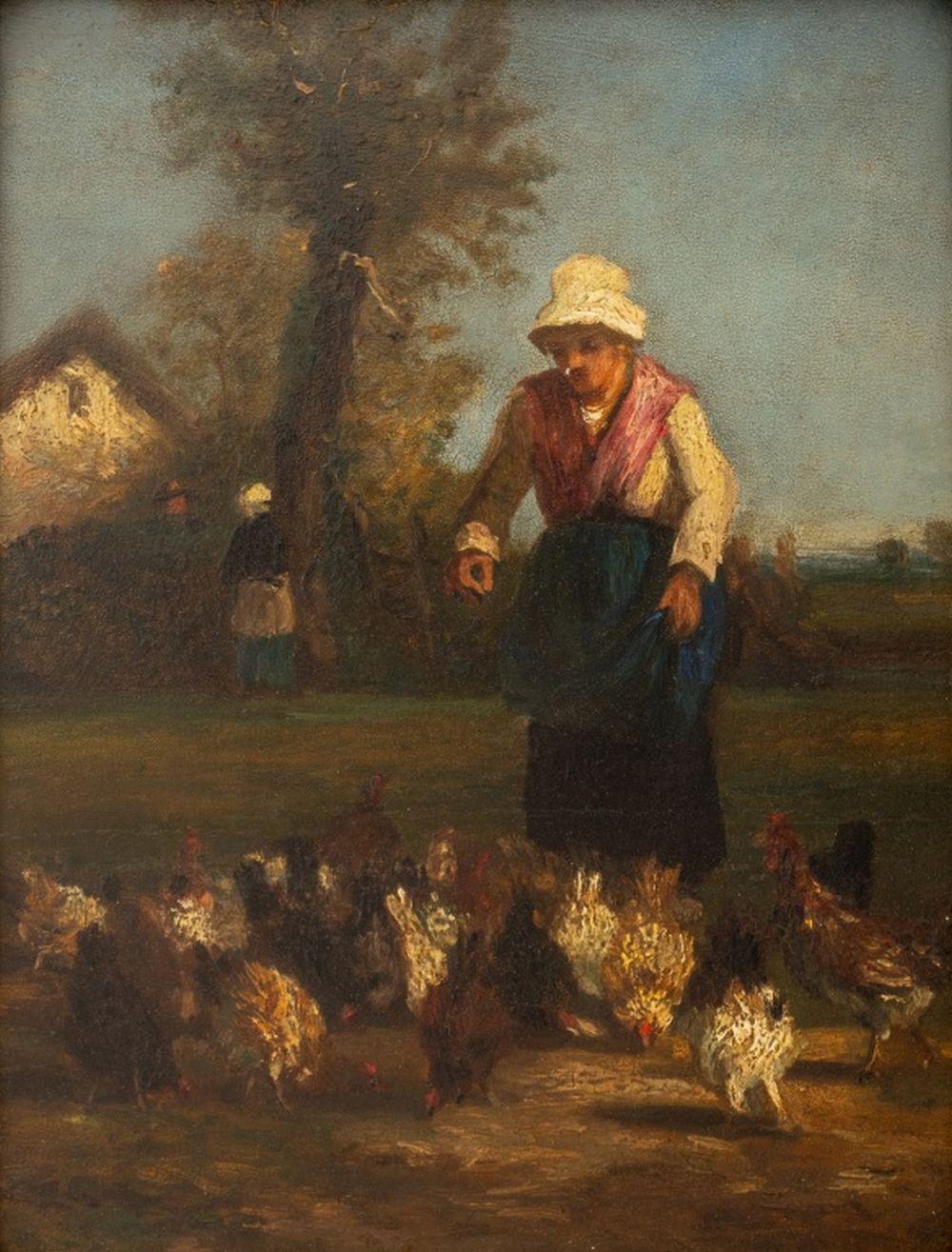 Dutch School, Feeding the Chickens - Painting by Unknown