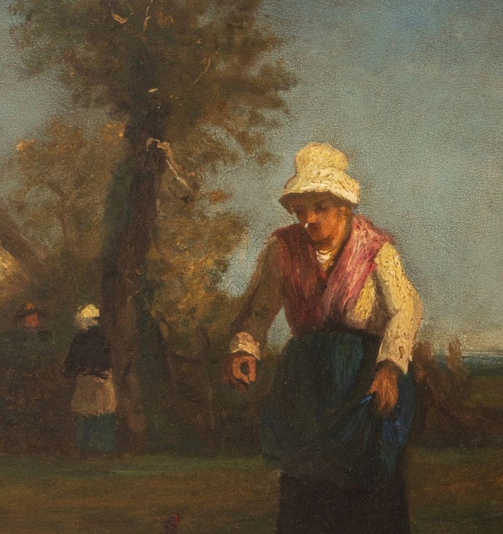 Dutch School, Feeding the Chickens - Brown Figurative Painting by Unknown