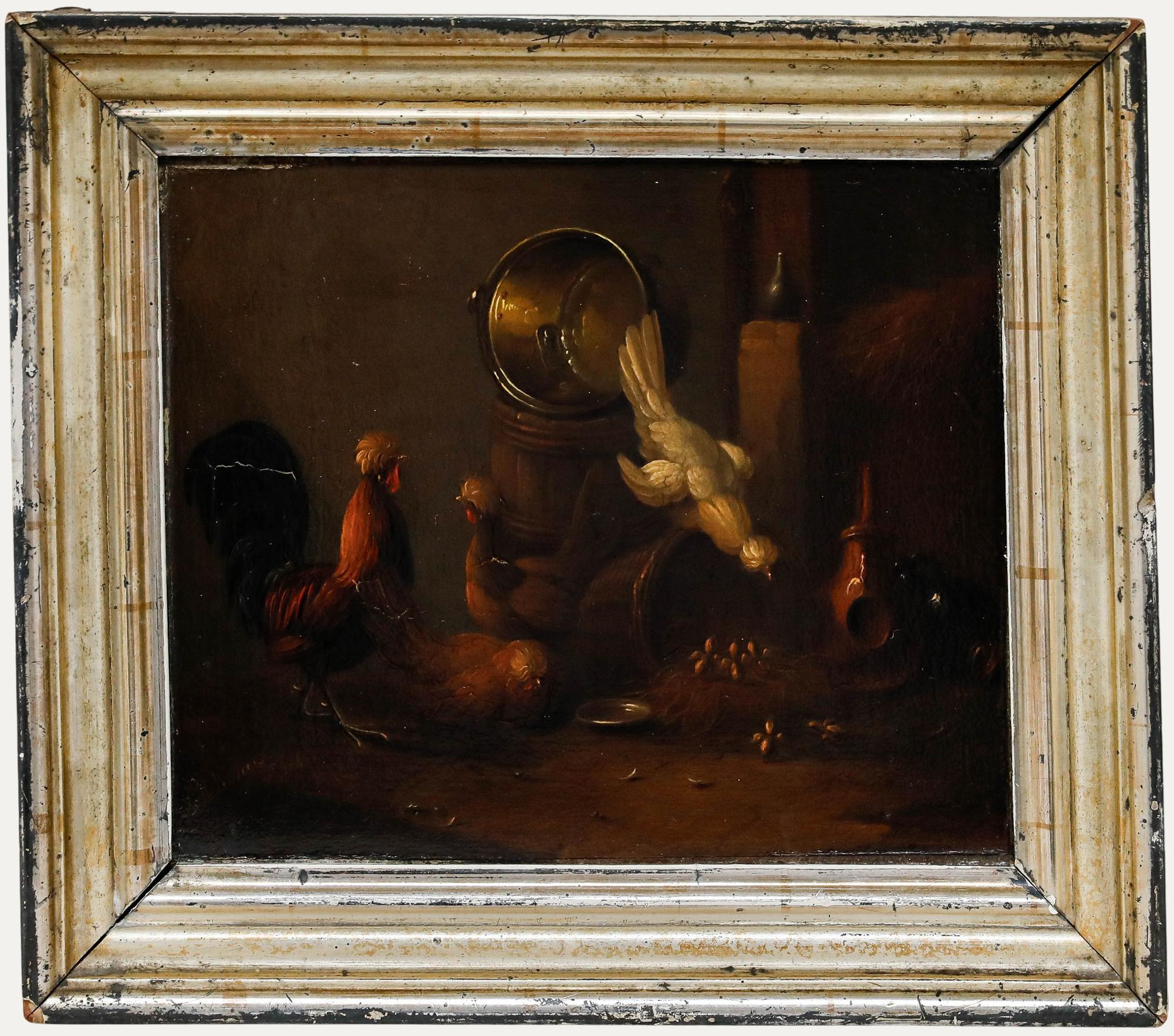 Animal Painting di Unknown - Olio di scuola olandese della metà del XIX secolo - Nel pollaio