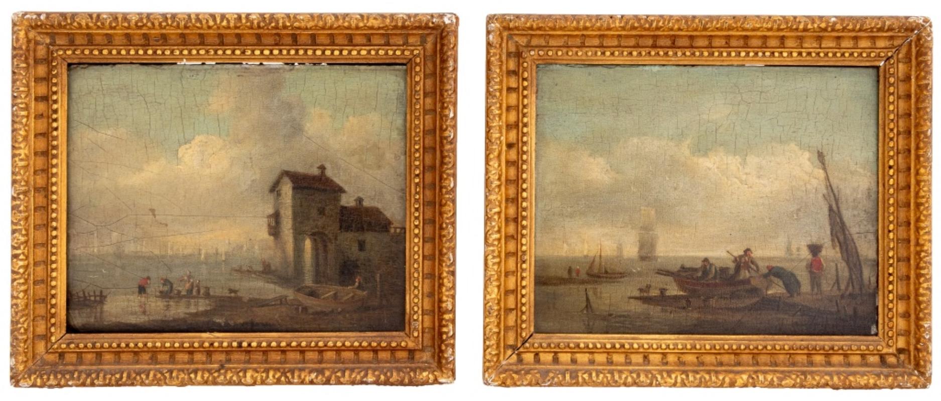Scene di pescatori di scuola olandese olio su pannello, coppia