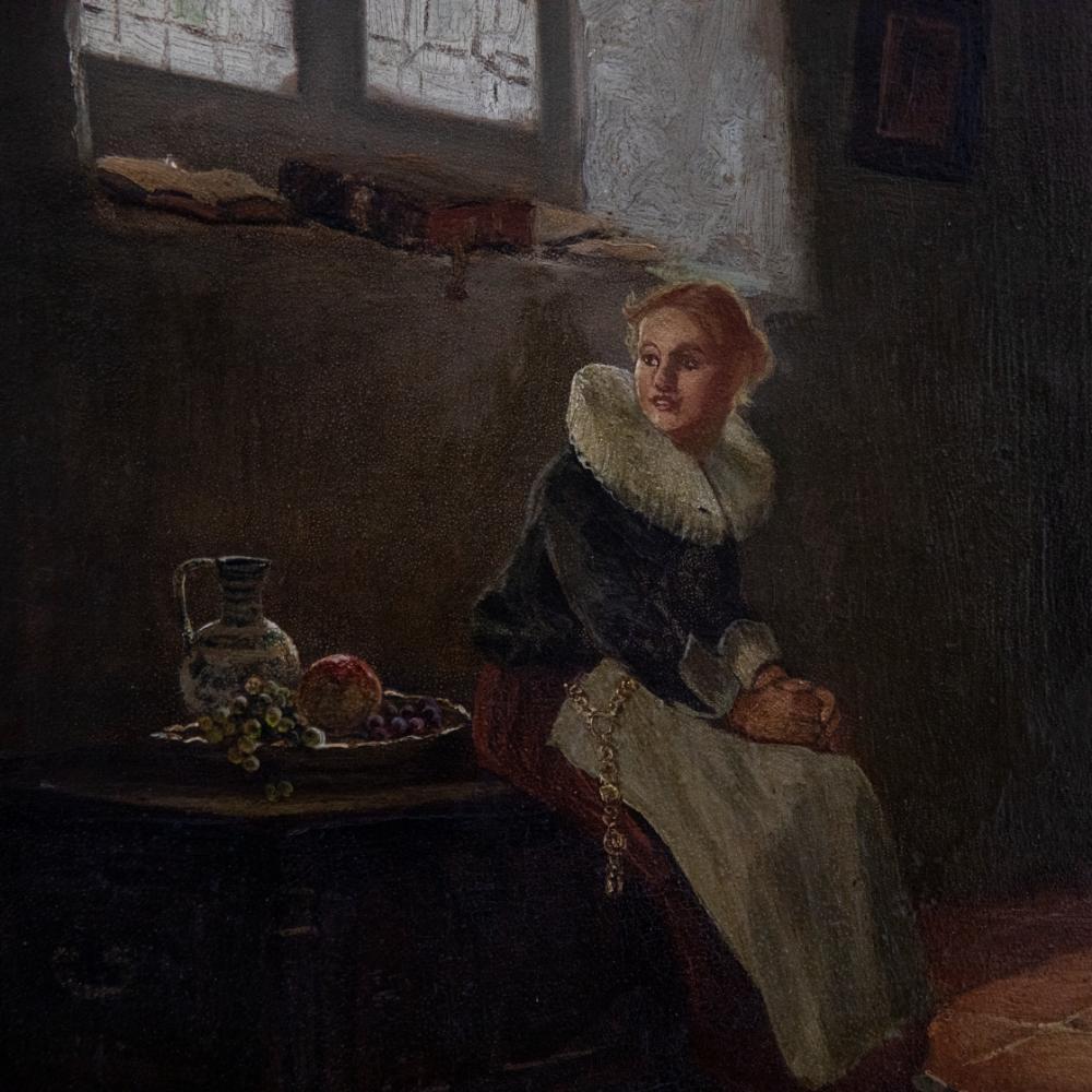 A charming portrait study a housekeeper perched on a set on a wooden coffer in a basement scullery. She is surrounded by bowls of fruit, books that are illuminated by the light coming from the small window above her head. Signed illegible to the