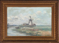 Antique Dutch School Late 19th Century Oil - Windmill by the River
