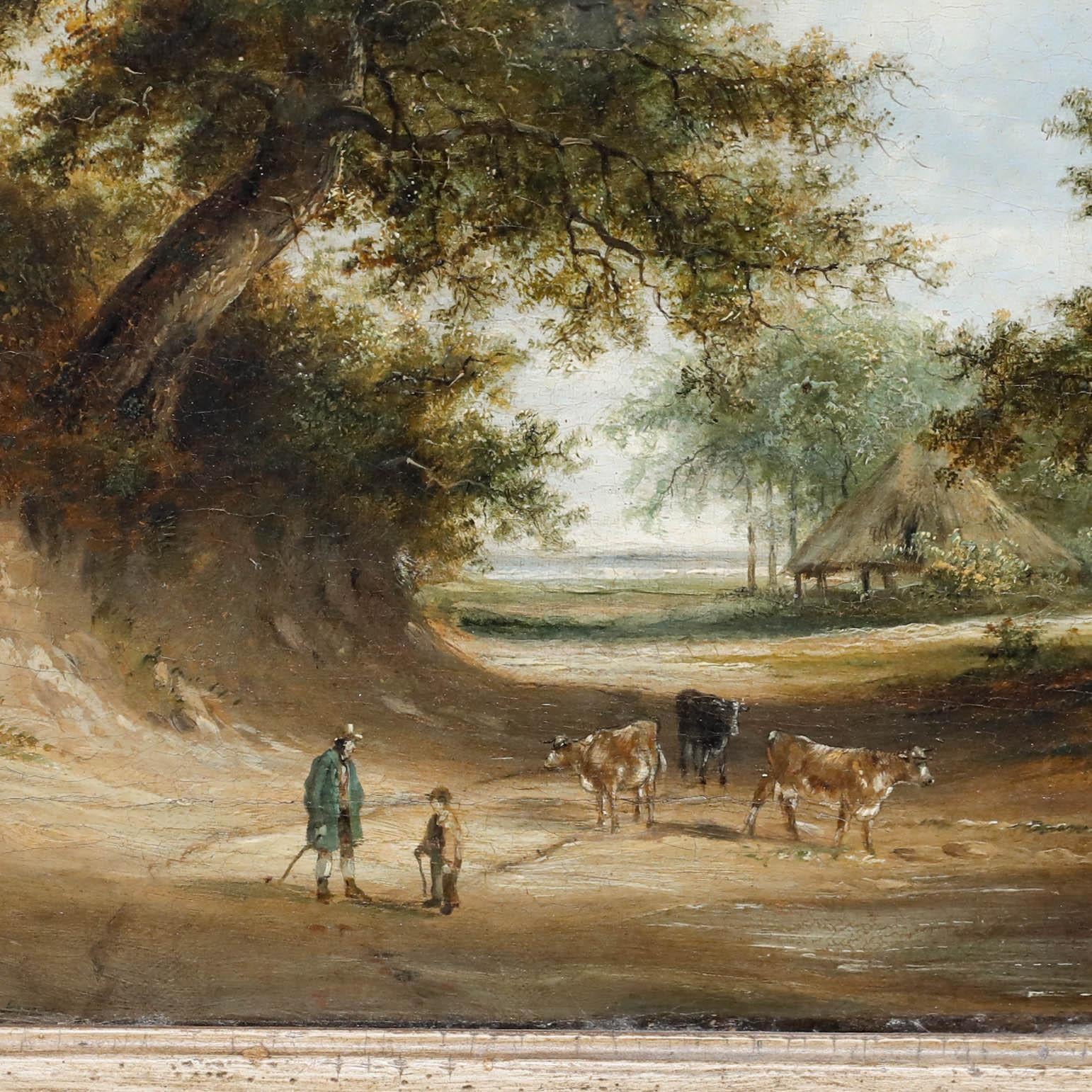 This fine mid-19th century oil painting depicts a cattle farmer and young apprentice tending to their small herd. The composition has been executed in a highly refined style characteristic of the Dutch Romantic movement. Beautifully housed in an