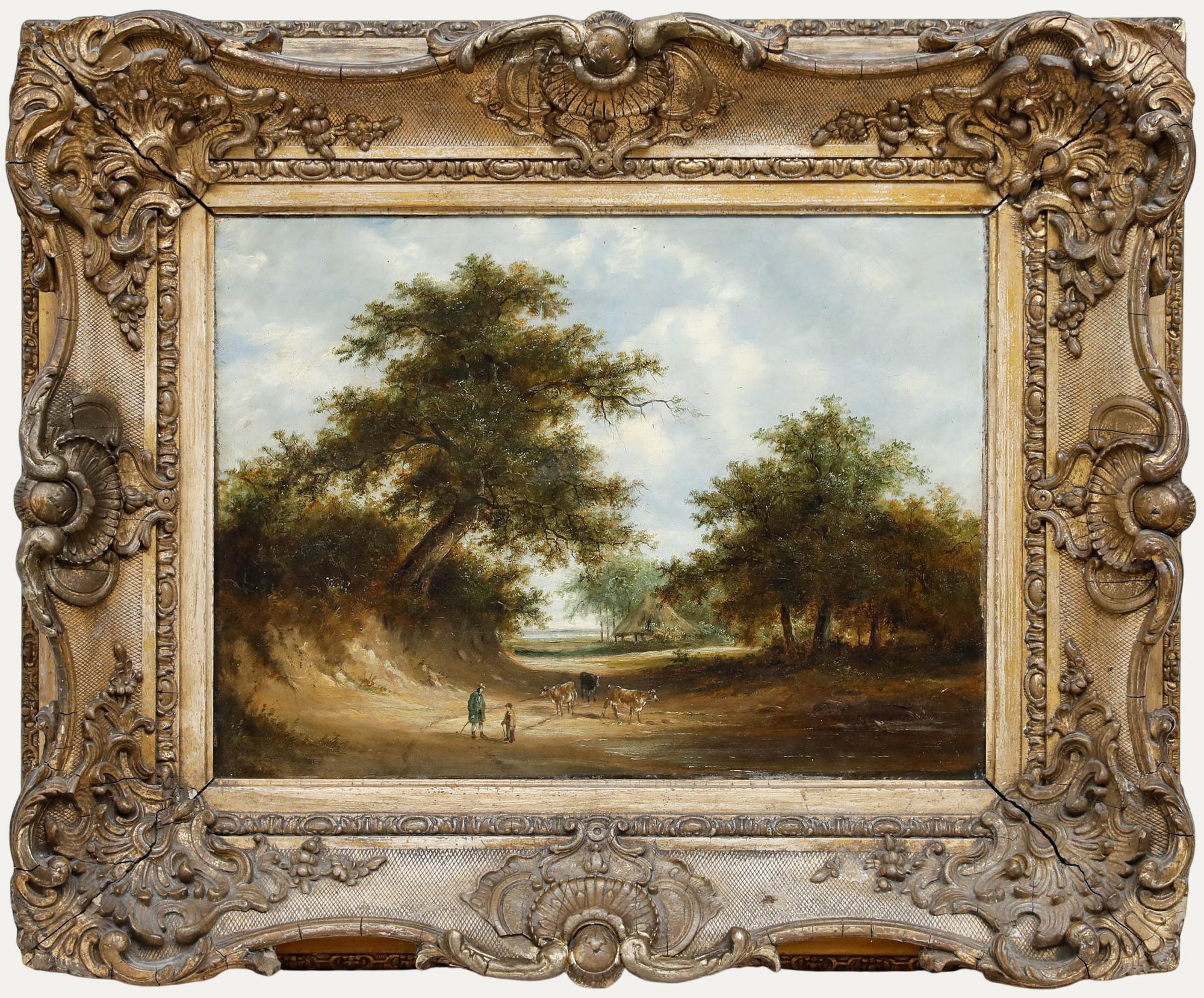 Unknown Landscape Painting - Dutch School Mid 19th Century Oil - Cattle near the Coast
