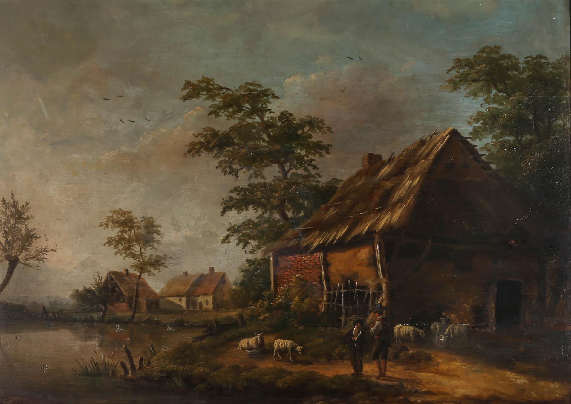 Dutch School Mid 19th Century Oil - Morning at the Farm - Painting by Unknown