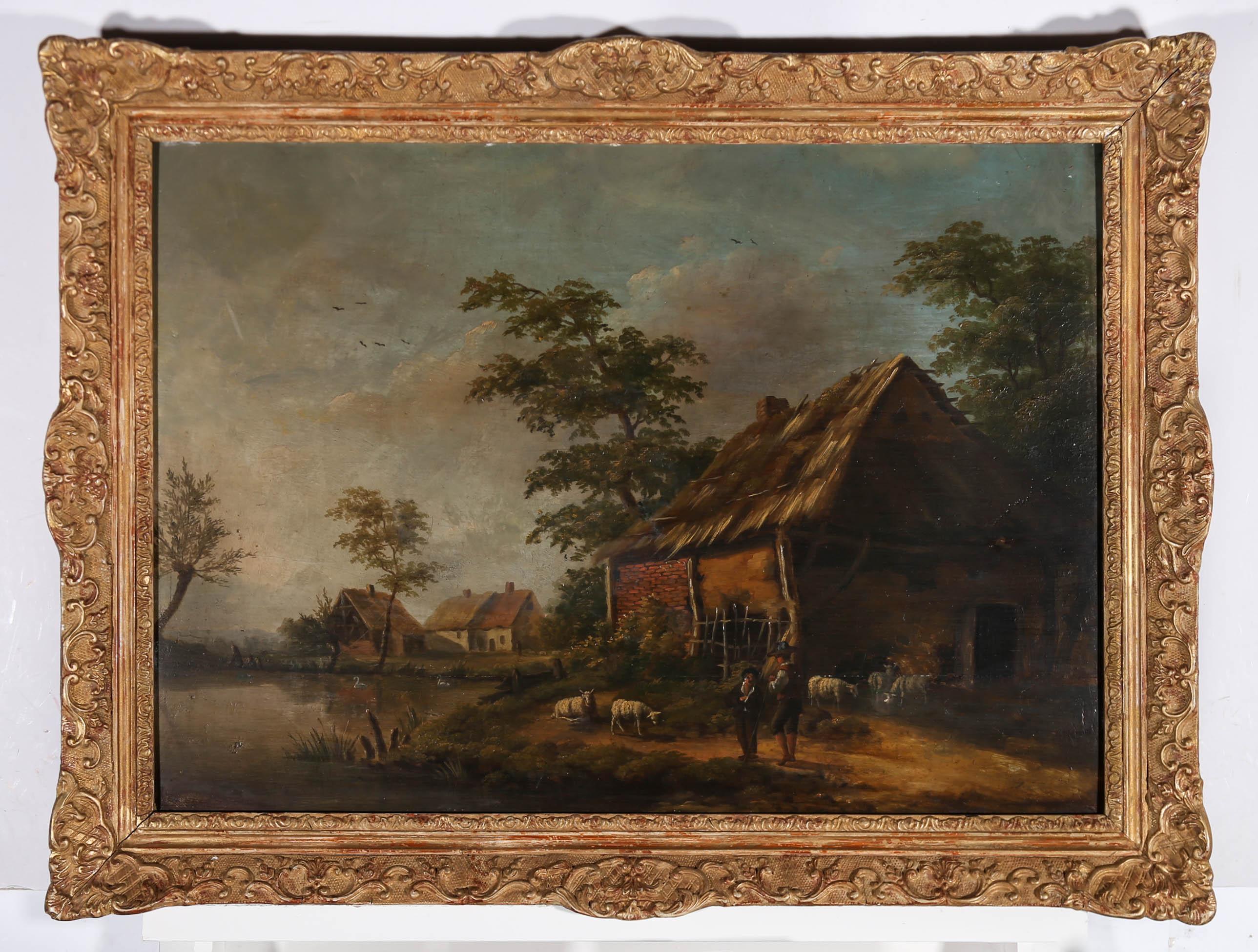 A fine example of a 19th century Dutch school landscape scene. The picture depicts two farmers in conversation beside a lake with a small herd of sheep around them. the scene looks over the rest of the farm with thatched barns and a cottage