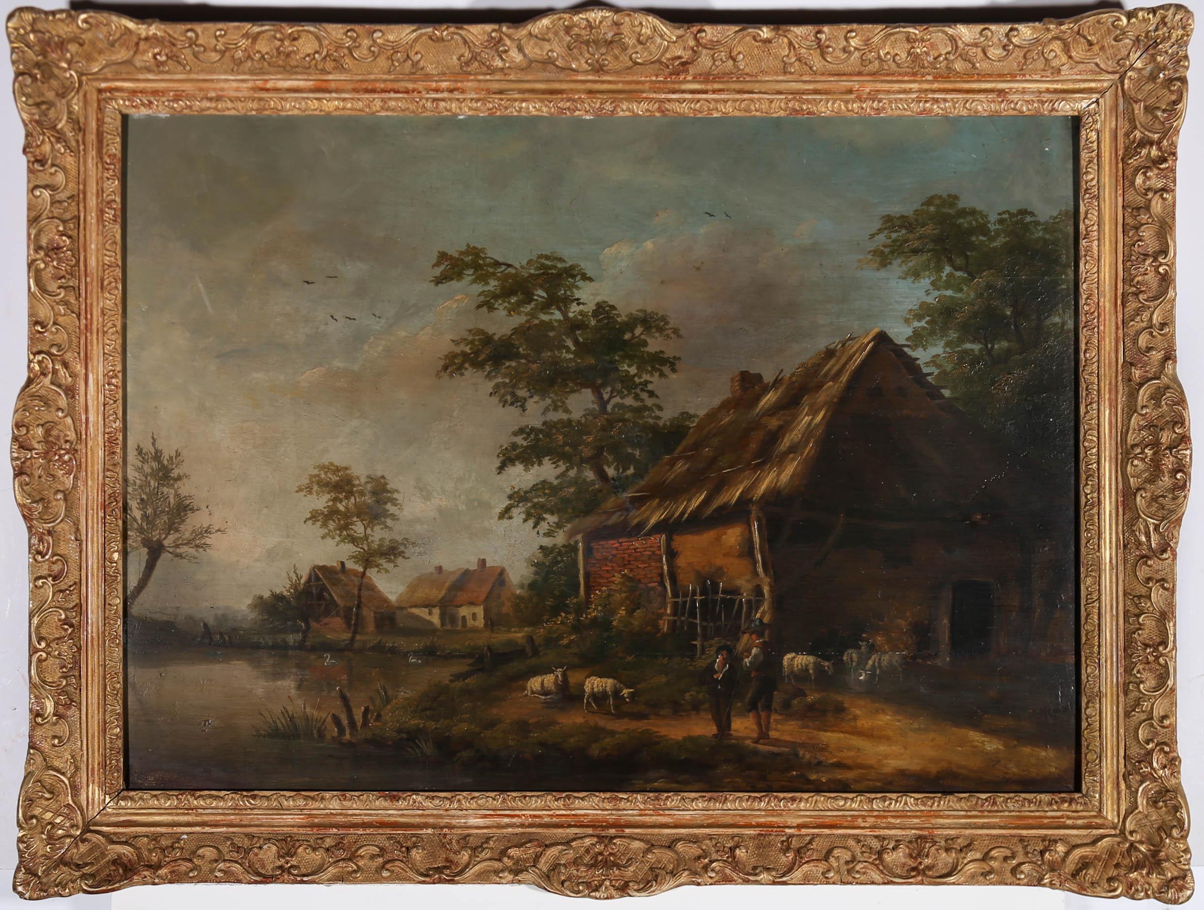 Unknown Landscape Painting - Dutch School Mid 19th Century Oil - Morning at the Farm