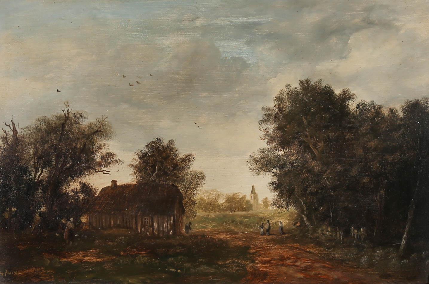 Dutch School Mid 19th Century Oil - Wayfarers in a Landscape - Painting by Unknown