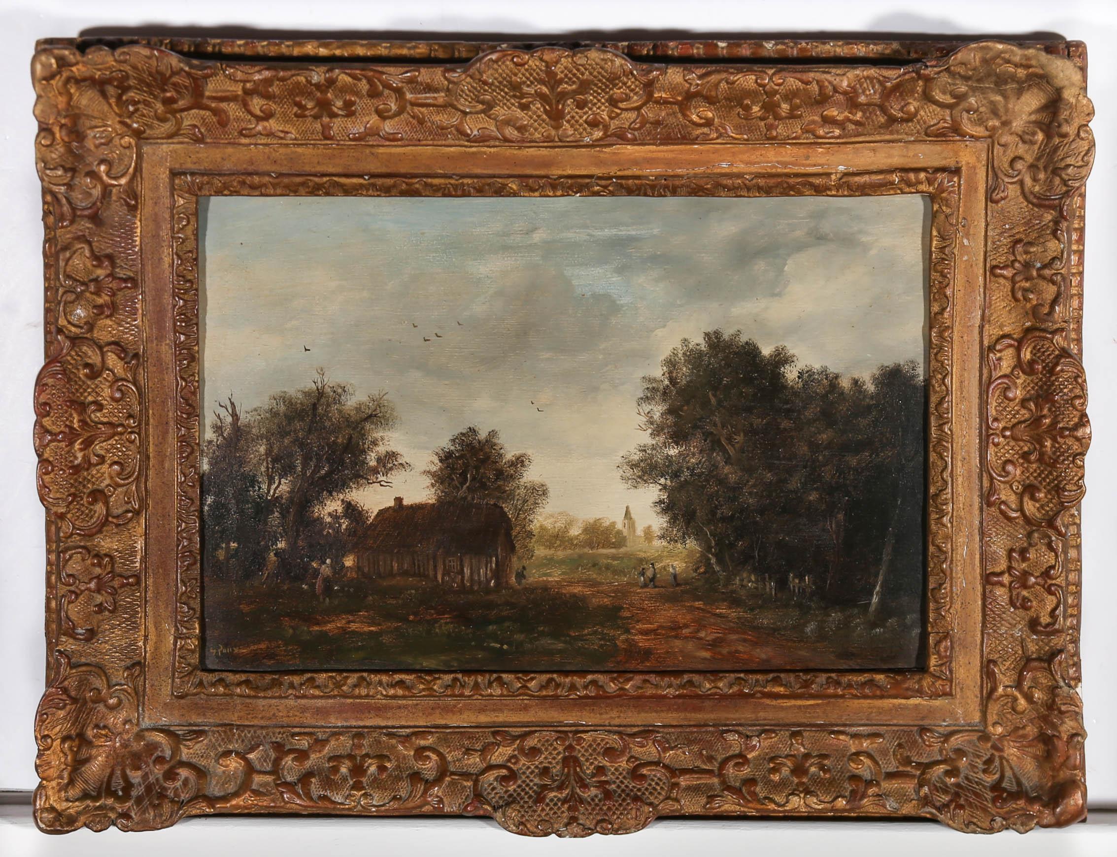 This wonderful mid 19th Century oil depicts several wayfarers in conversation on their way to church. A man and his wife can be seen in the foreground finishing their morning routine before heading to join the other villagers for the walk. The