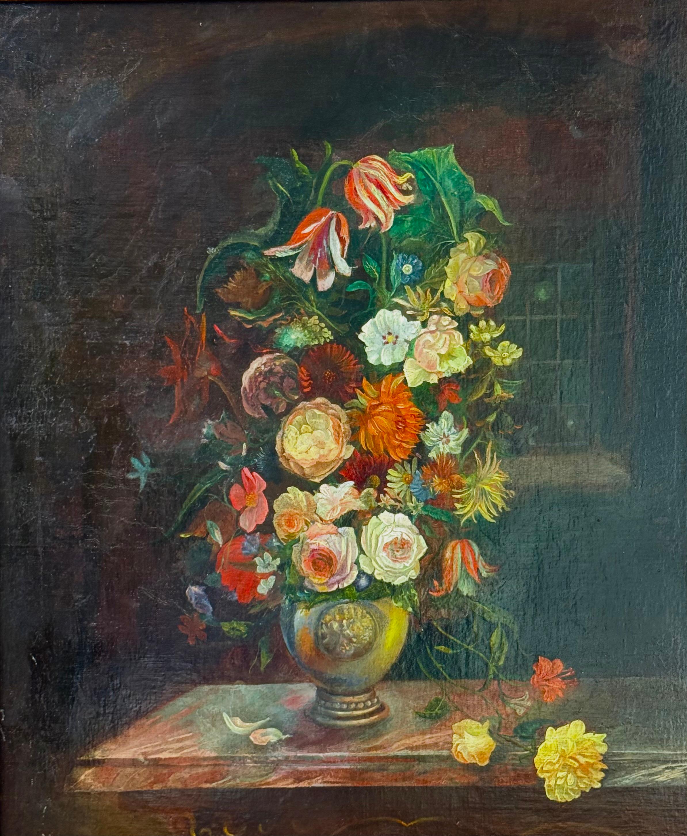 Fiori in stile olandese, sala da sera con finestra - Painting di Unknown
