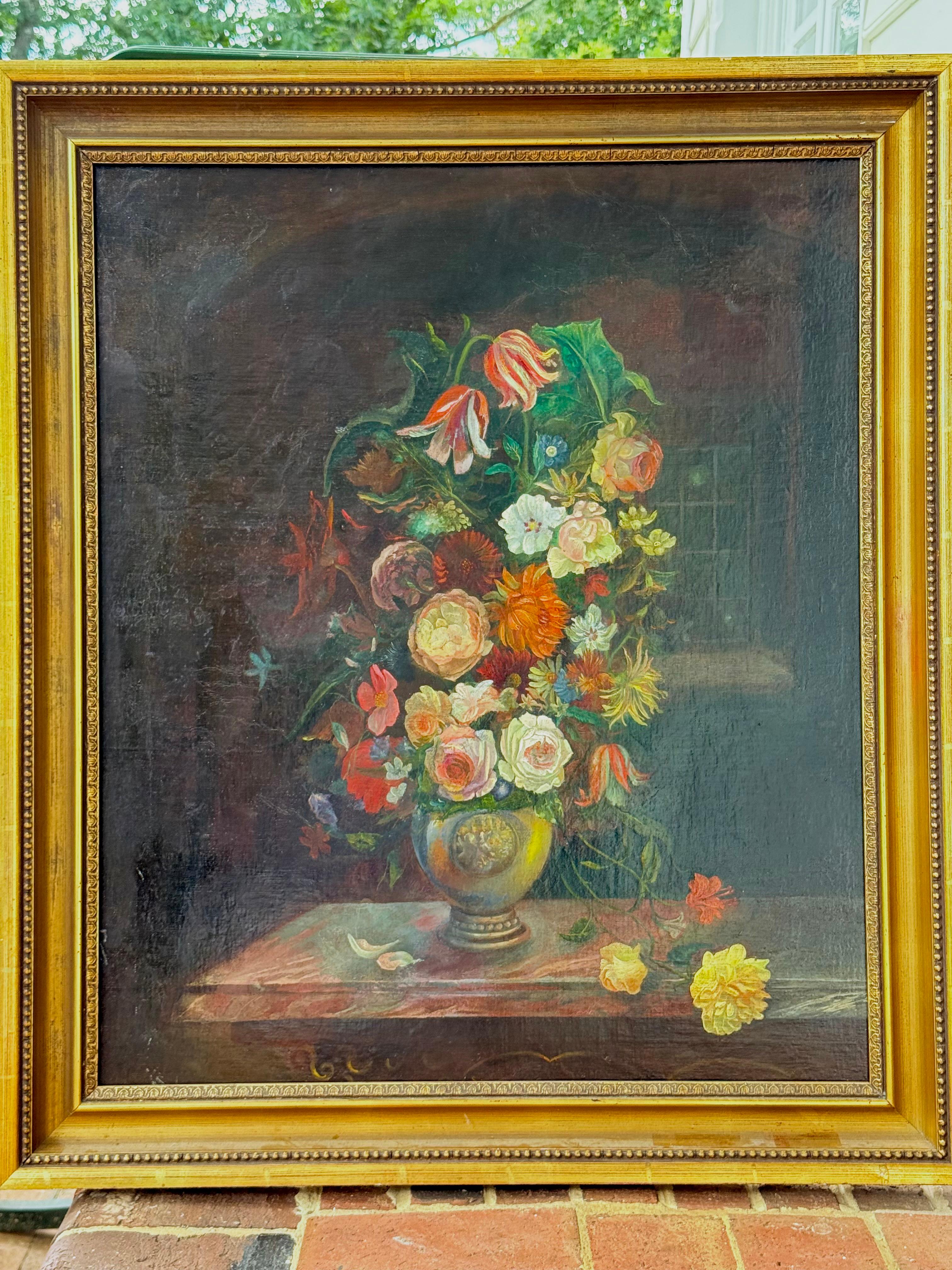 Fiori in stile olandese, sala da sera con finestra - Still-Life Painting Nero di Unknown