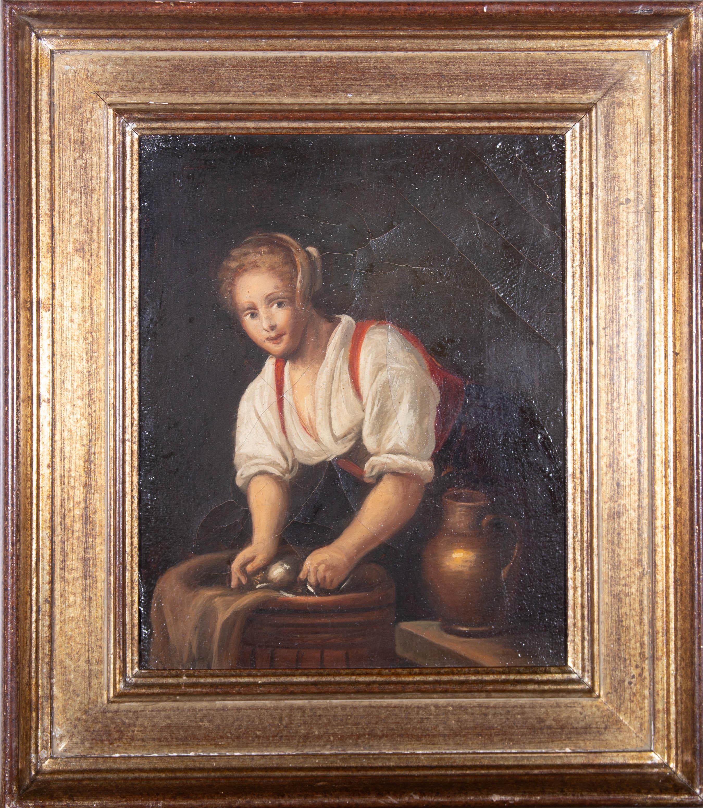 Unknown Figurative Painting – Niederländisches Ölgemälde aus der Mitte des 19. Jahrhunderts – Bauernfrau
