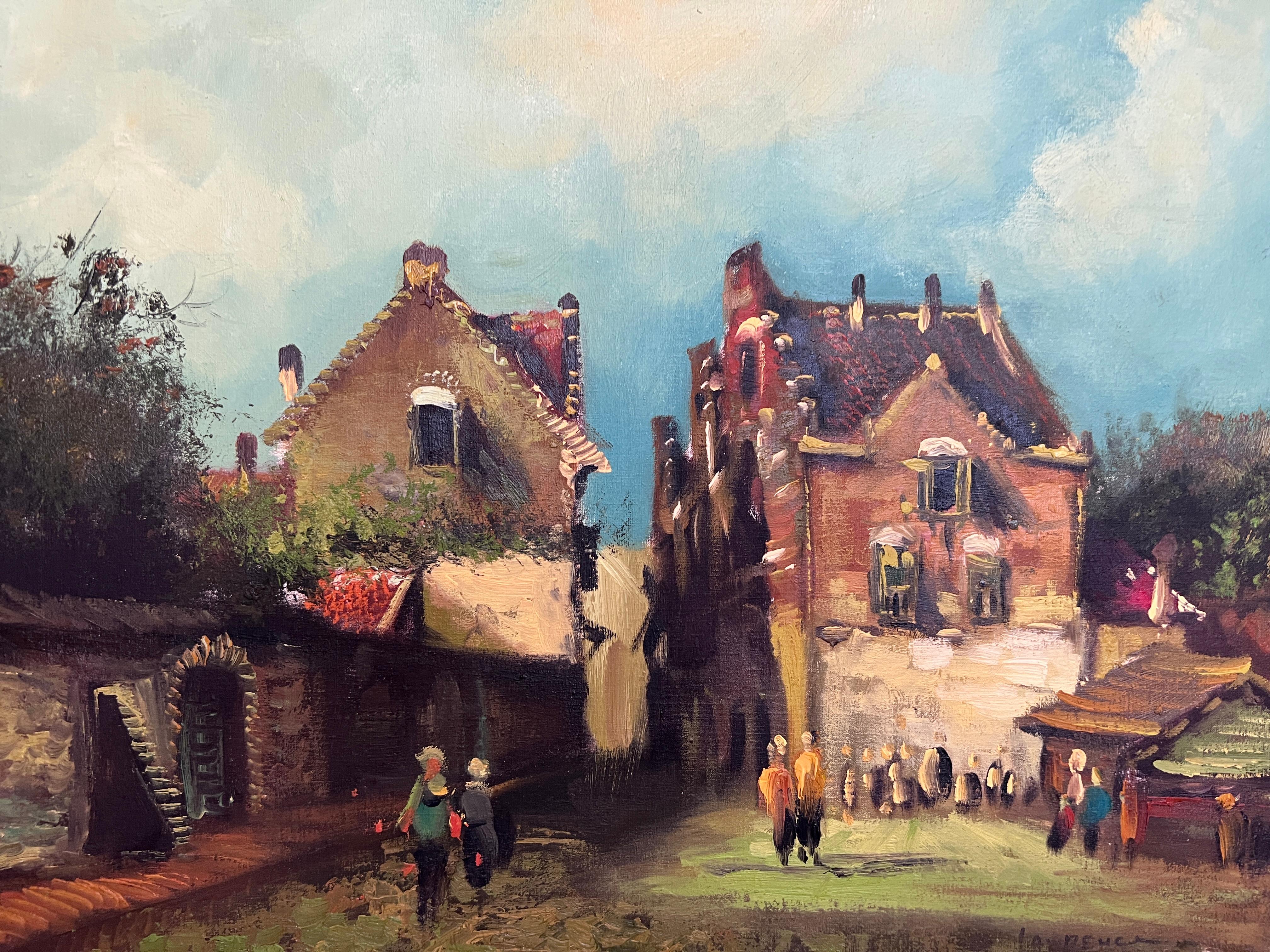 This original vintage oil painting on canvas is a striking example of Dutch-style village genre painting. The composition captures a charming European village scene with red-roofed homes, lively figures, and vibrant greenery under a bright blue sky,