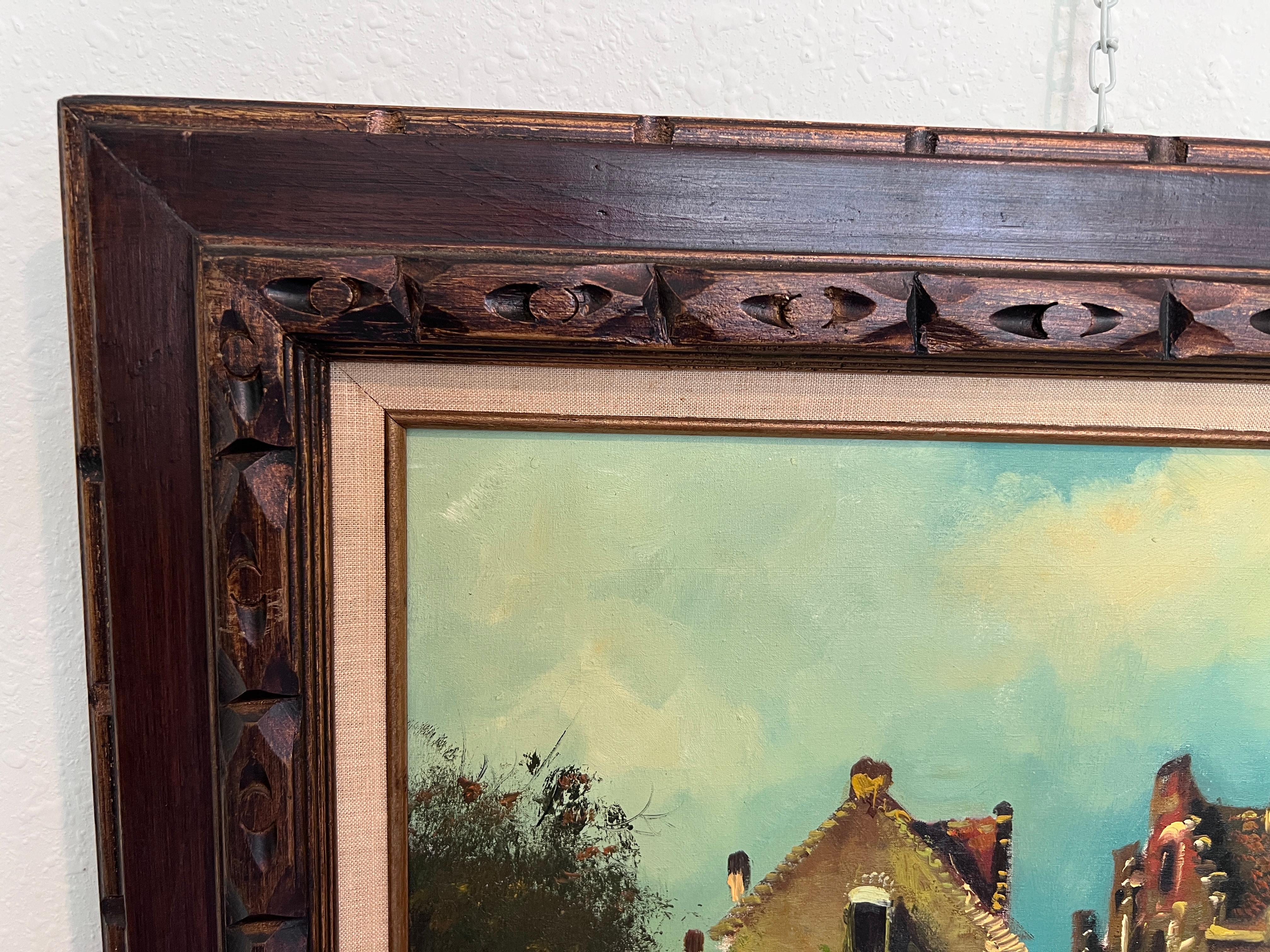 Dutch-Style Village Scene Original Oil Painting on Canvas, Signed  Framed Art For Sale 2