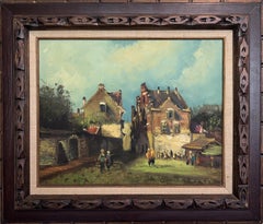 Originales Ölgemälde auf Leinwand, Dorfszene im niederländischen Stil, signiert  Gerahmte Kunst