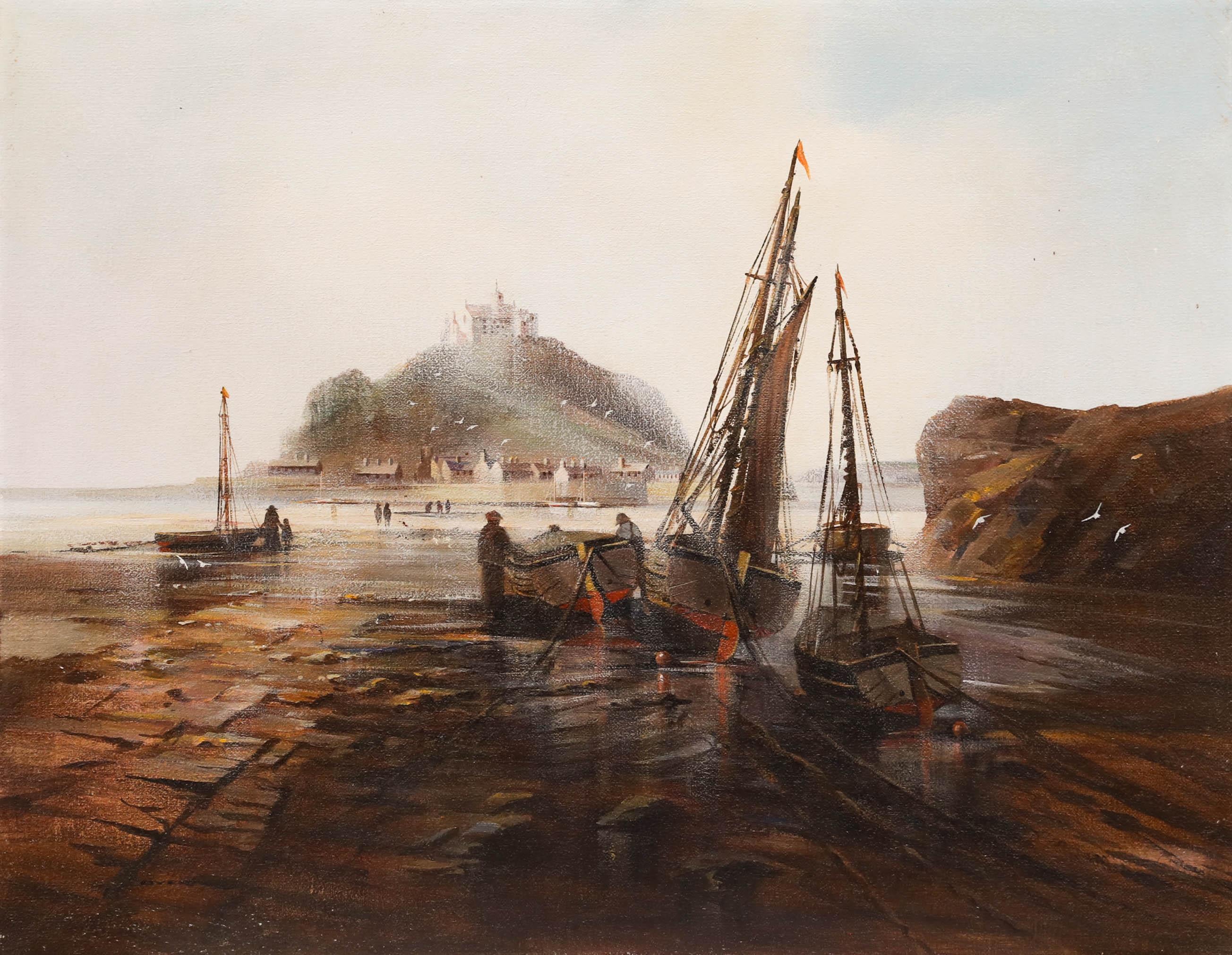 Une vue captivante du mont Saint-Michel avec des pêcheurs sur le sable. Signé en bas à gauche. Sur toile sur châssis.
