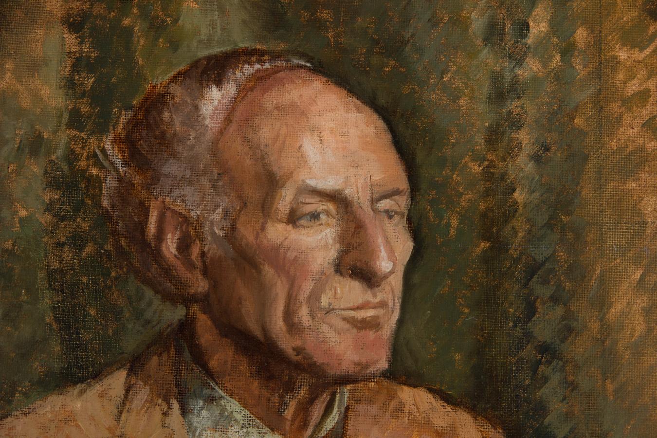 An impressive portrait showing a older gentleman with a rather ponderous facial expression. The soft brushstokes and bold colour palette beautifully captures the essence of this serious sitter. Attentive to the conventions of realism the artist has