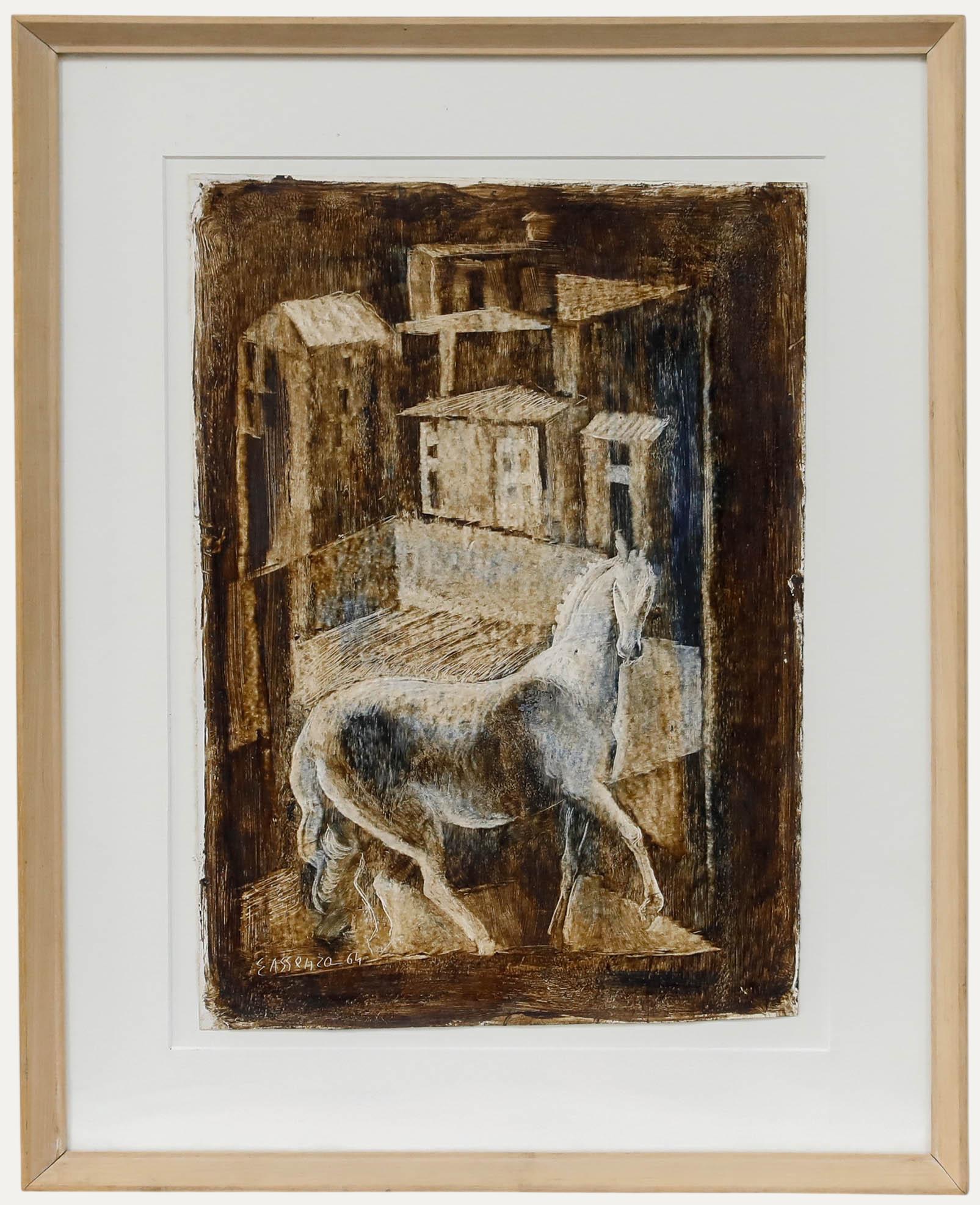 Animal Painting Unknown - E. Assenza - 1964 Acrylique, cheval blanc