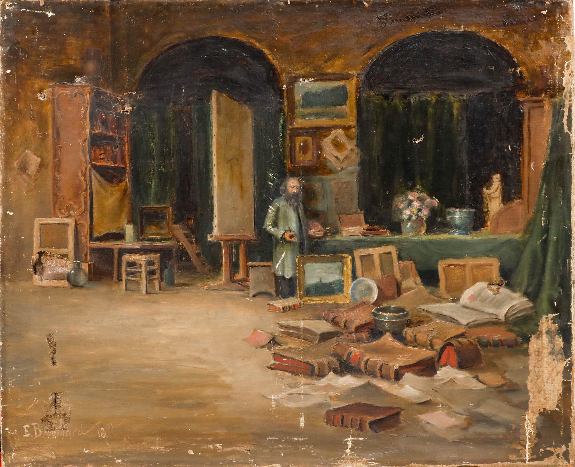 E. Broumard  - For Restoration 1891 Oil, The Painter's Studio - Painting by Unknown