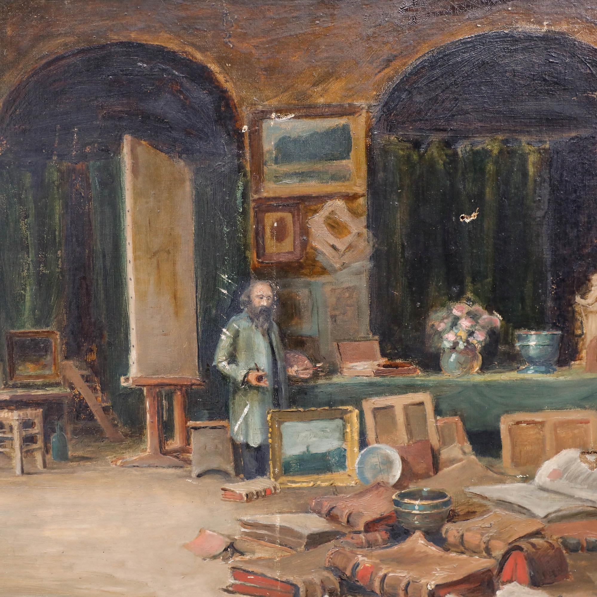 A charming depiction of an artist in his studio, surrounded by canvases and books. Signed and dated. In need of full restoration. On canvas. 