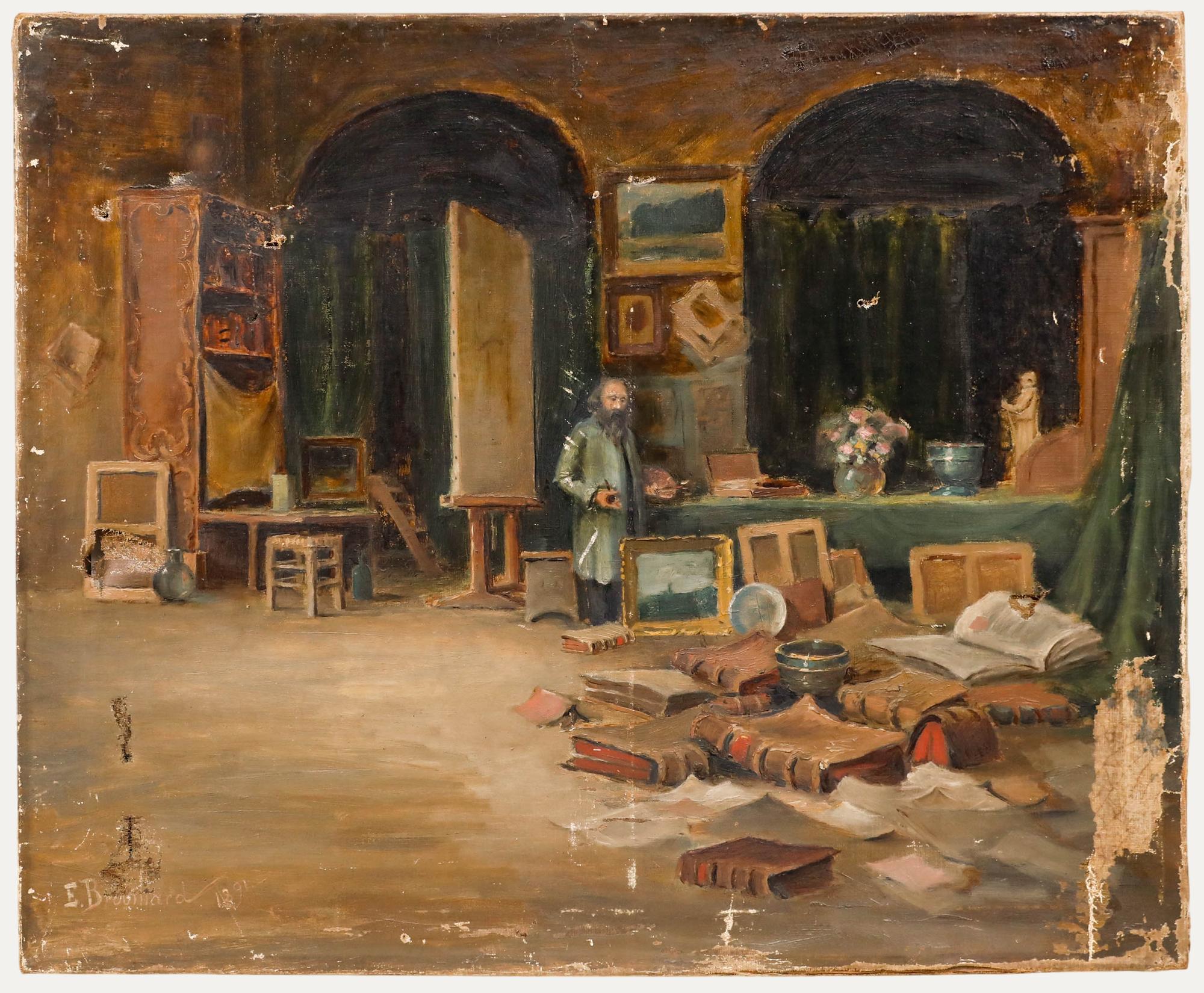 Unknown Interior Painting - E. Broumard  - For Restoration 1891 Oil, The Painter's Studio
