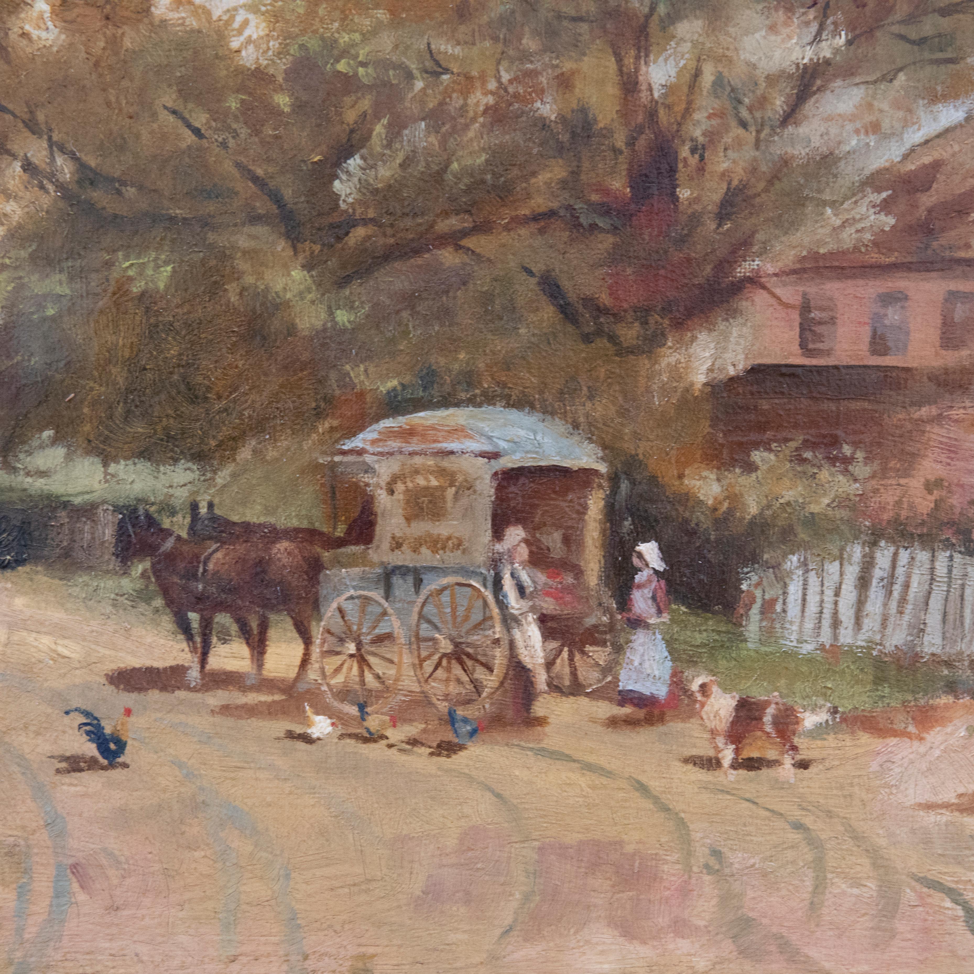 Une charmante peinture à l'huile représentant un chariot de livraison vendant des produits à la porte d'une grande ferme. Des poulets en liberté et un chien errent sur la route, tandis que deux personnages conversent à l'arrière du wagon. L'huile a