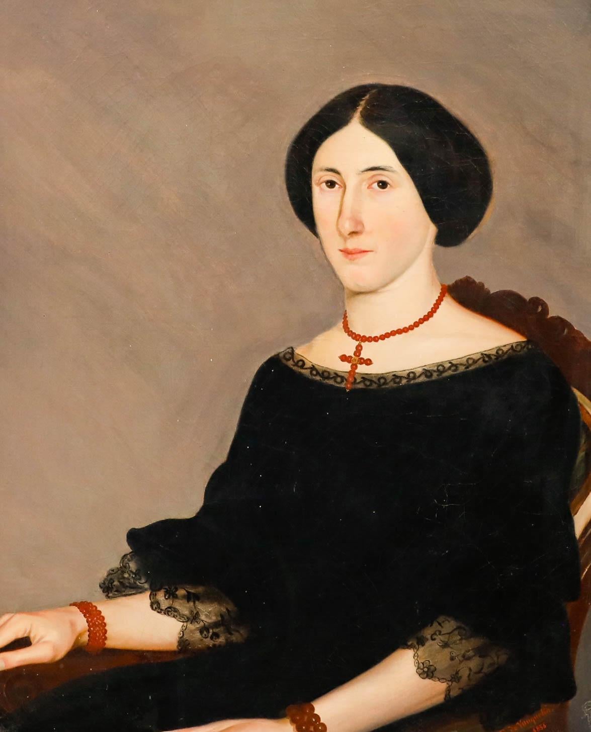 E. De Vauquelin - Feines Öl von 1858, Porträt einer Dame mit Korallenperlen – Painting von Unknown