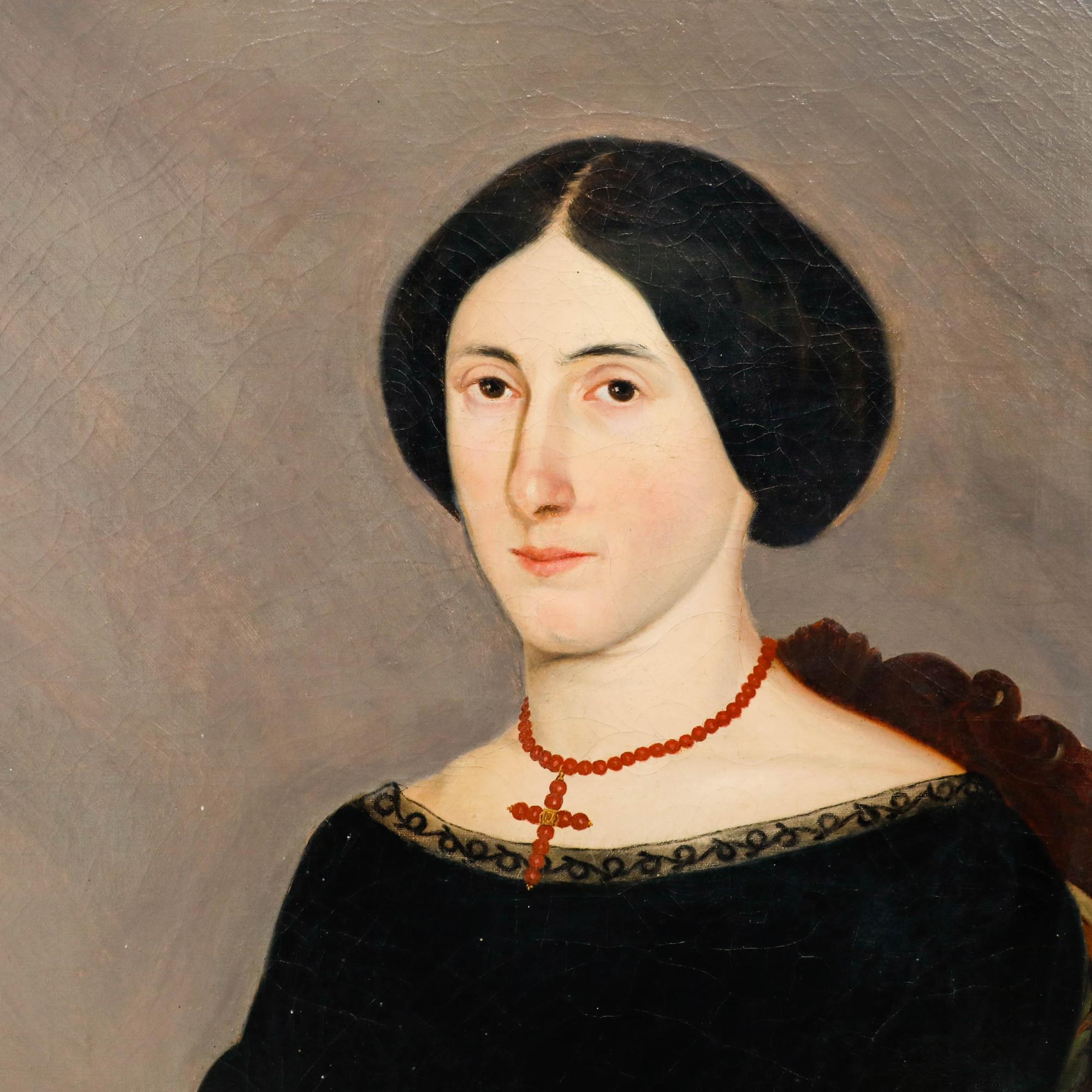 Ein feines Porträt einer eleganten Dame aus der Mitte des 19. Jahrhunderts mit eleganter schwarzer Spitze und auffälligen Korallenperlen. Der Künstler hat den hellen Teint der Dame, ihre anmutige Körperhaltung und ihren fesselnden Blick mit großer