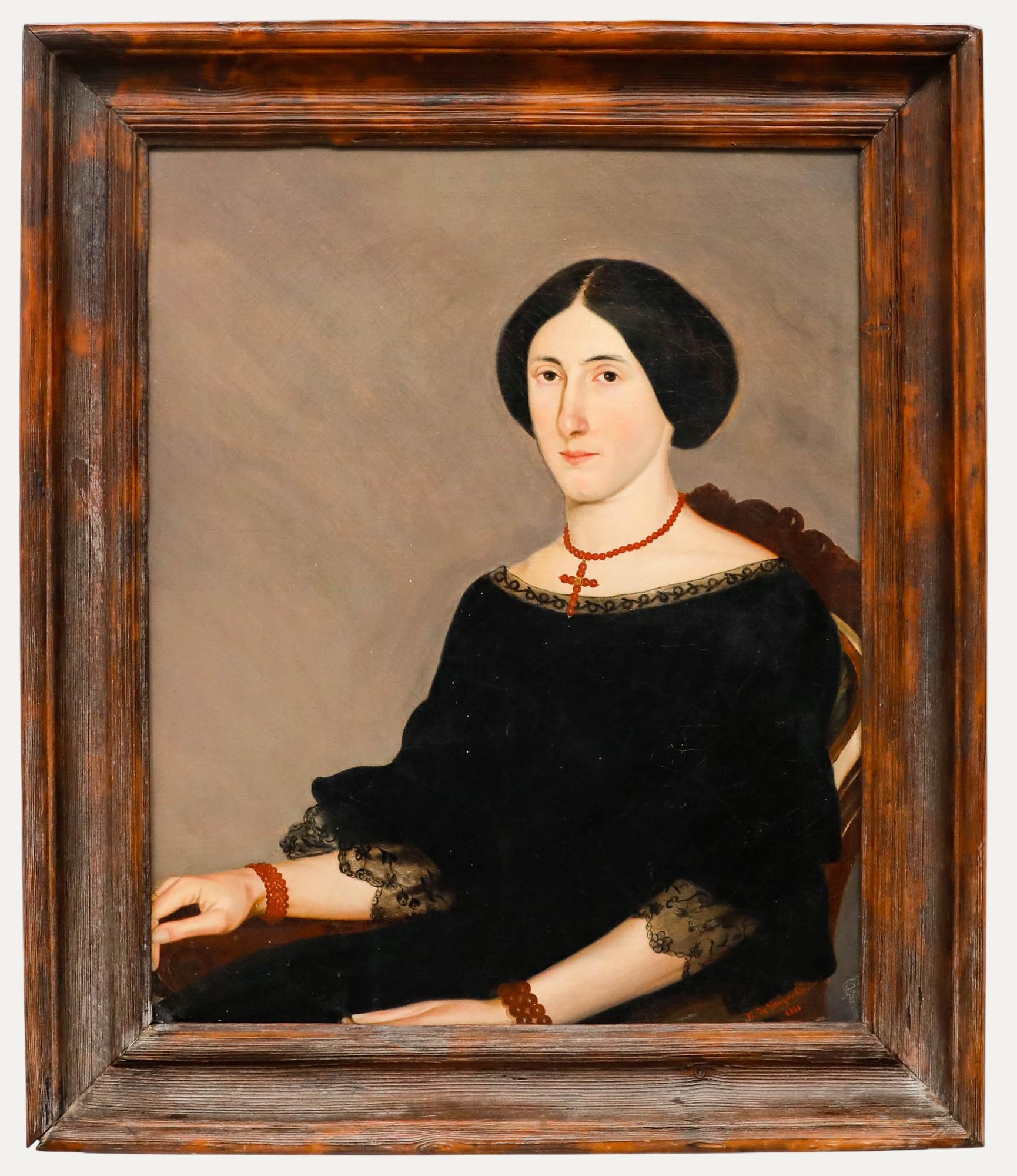 E. De Vauquelin - Belle huile de 1858, Portrait d
une dame aux perles de corail