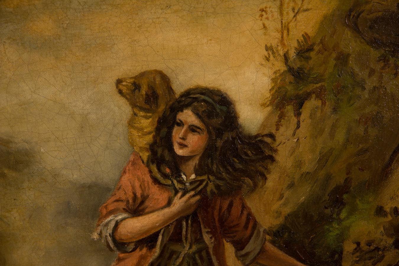 

An interesting portrait of a young girl walking barefoot along a rocky cliff path, with a dog at her feet and a young lamb over her shoulders. A bird of prey hovers overhead. This atmospheric and symbolic composition instantly captures the