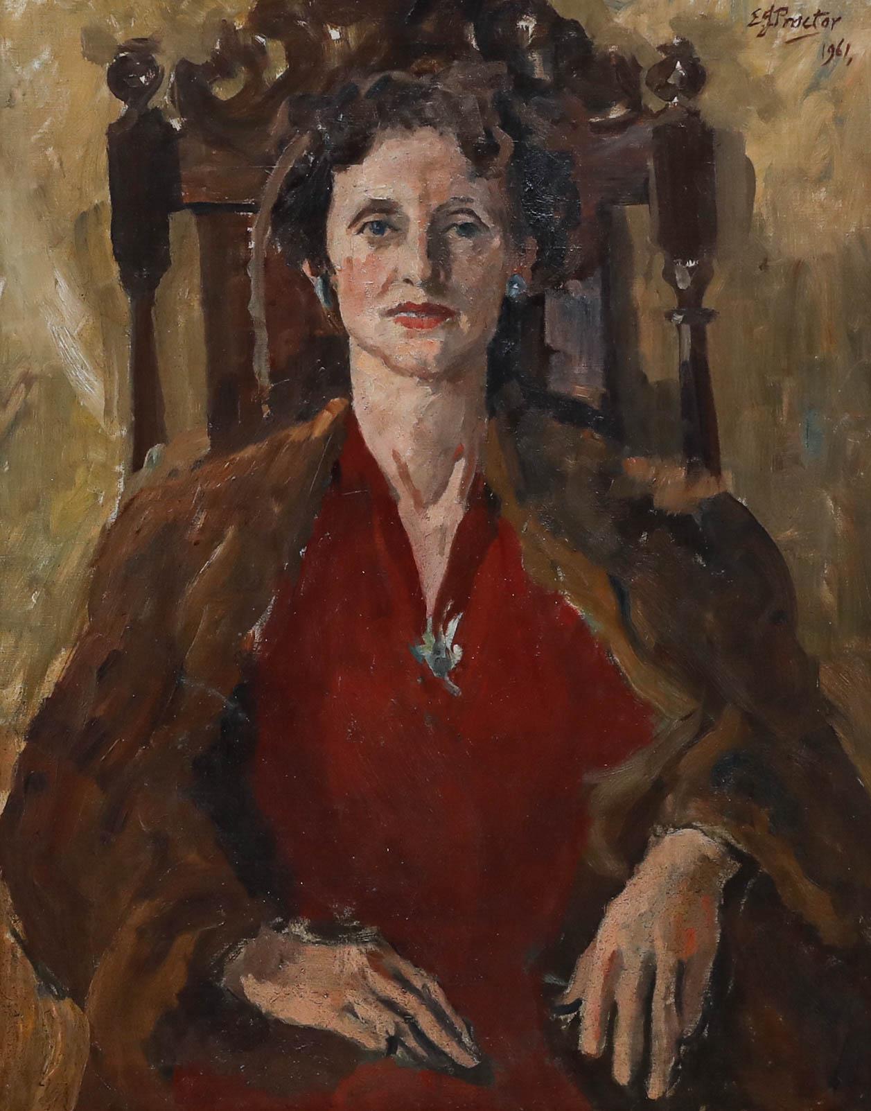E. G. Proctor - Gerahmtes Öl aus der Mitte des 20. Jahrhunderts, Dame in Rot – Painting von Unknown