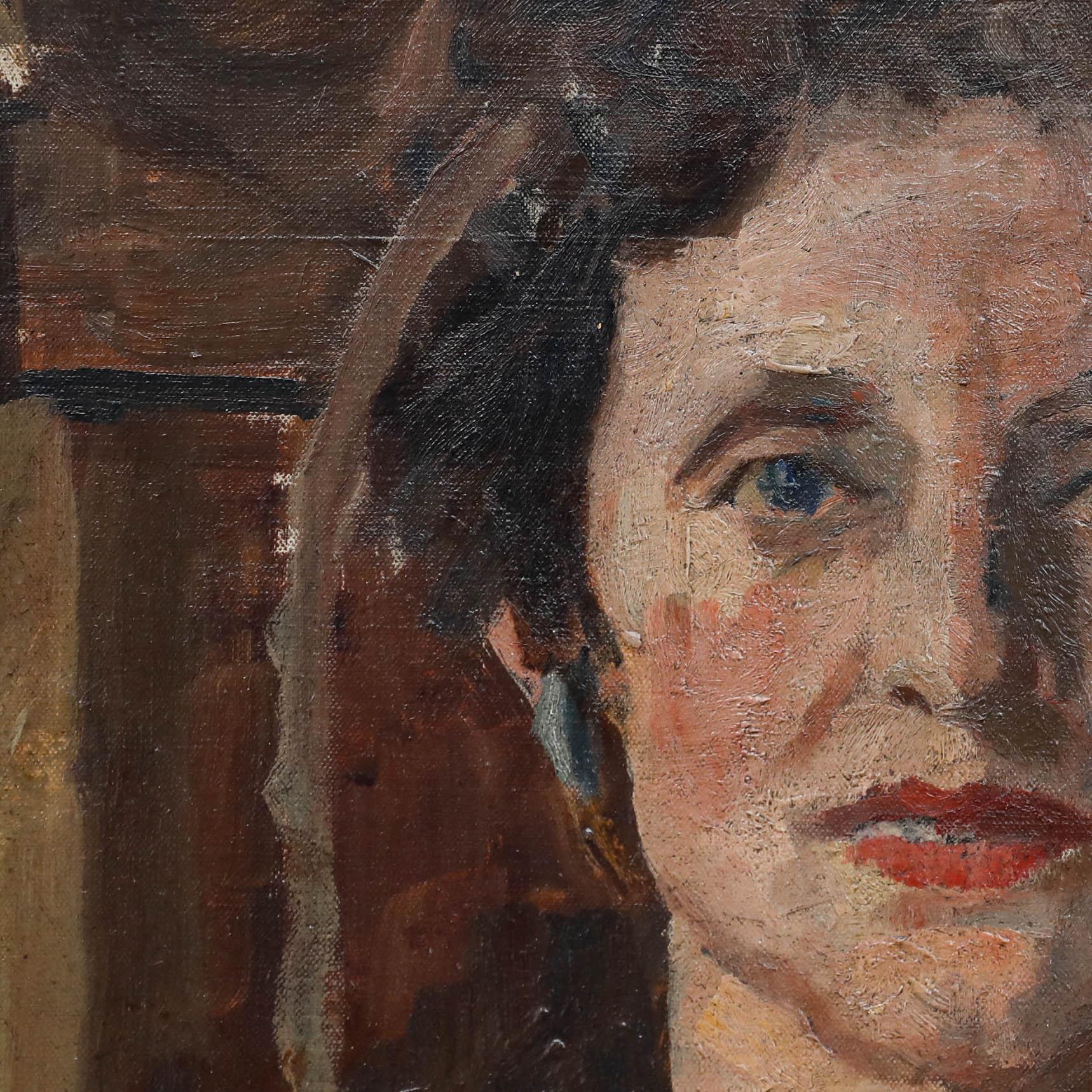 E. G. Proctor - Gerahmtes Öl aus der Mitte des 20. Jahrhunderts, Dame in Rot (Braun), Portrait Painting, von Unknown