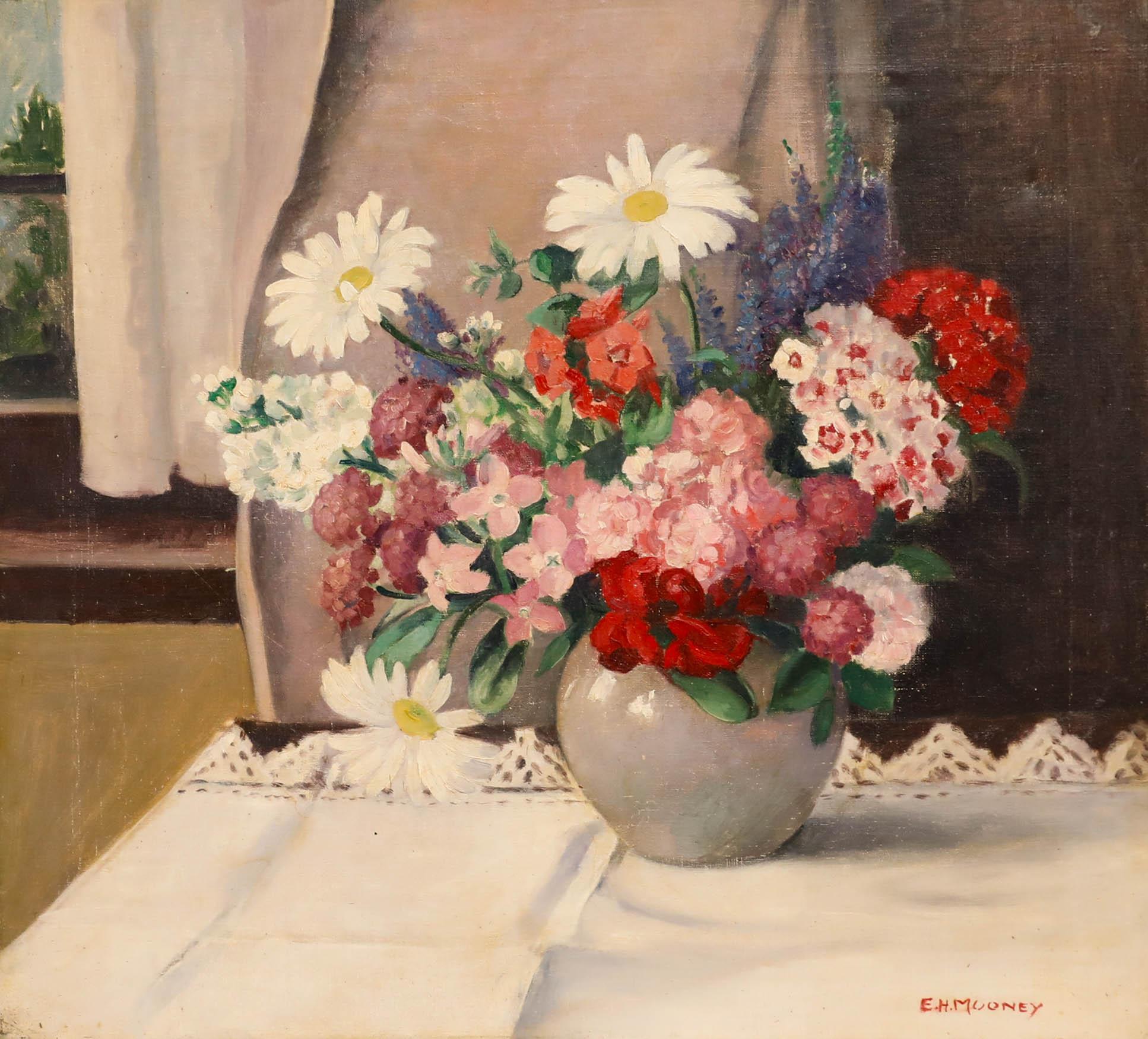 E. H. Mooney - 20. Jahrhundert Öl, Blumen in einer Keramikvase – Painting von Unknown