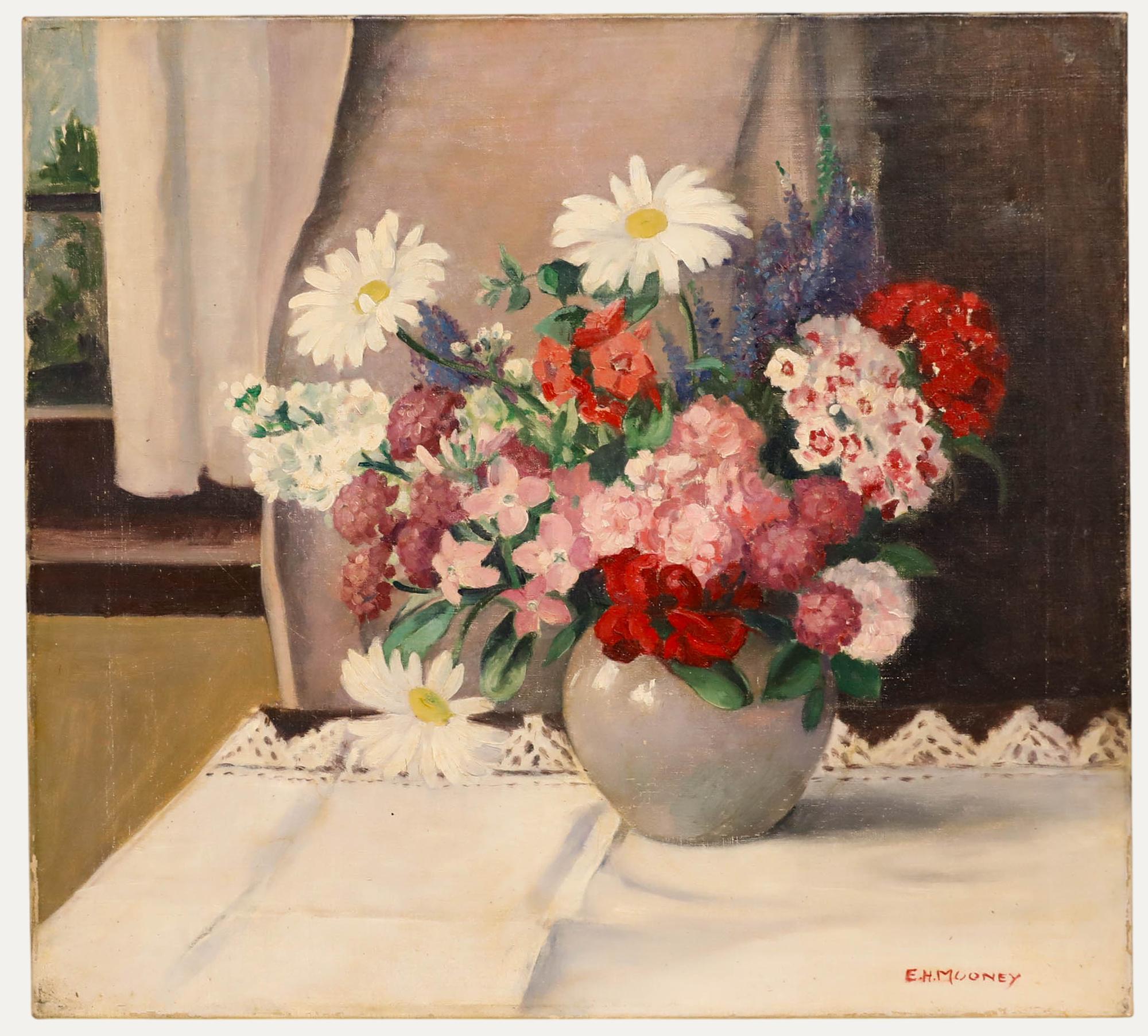 Unknown Still-Life Painting – E. H. Mooney - 20. Jahrhundert Öl, Blumen in einer Keramikvase