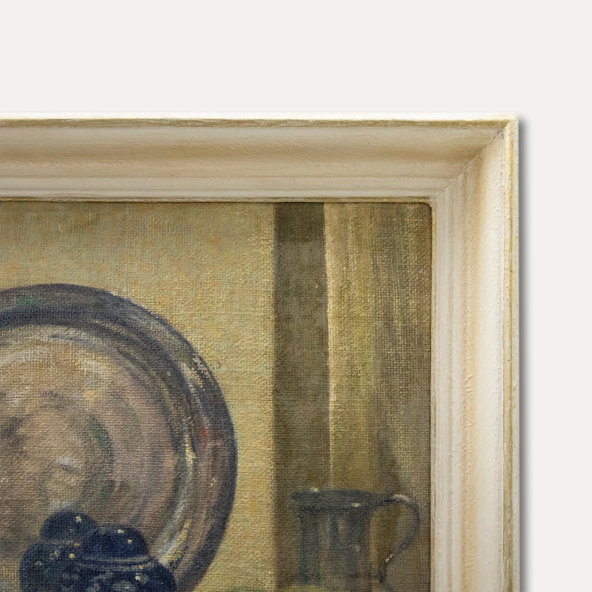 H. H. - Olio incorniciato della metà del 20° secolo, Natura morta di oggetti in ceramica e frutta - Still-Life Painting Marrone di Unknown
