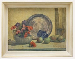 E H R - Huile encadrée du milieu du 20e siècle, Nature morte d'objets fors et de fruits en céramique