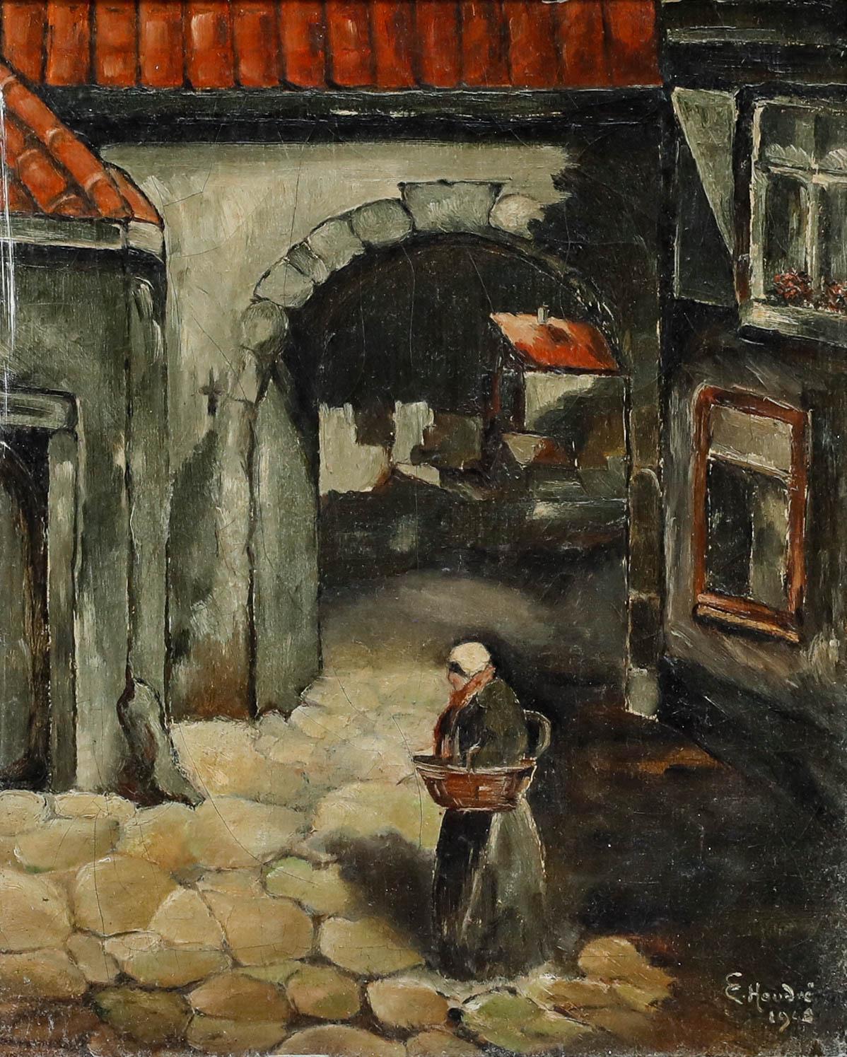 E. Houdre - 1940 Öl, Der frühe Vogel – Painting von Unknown