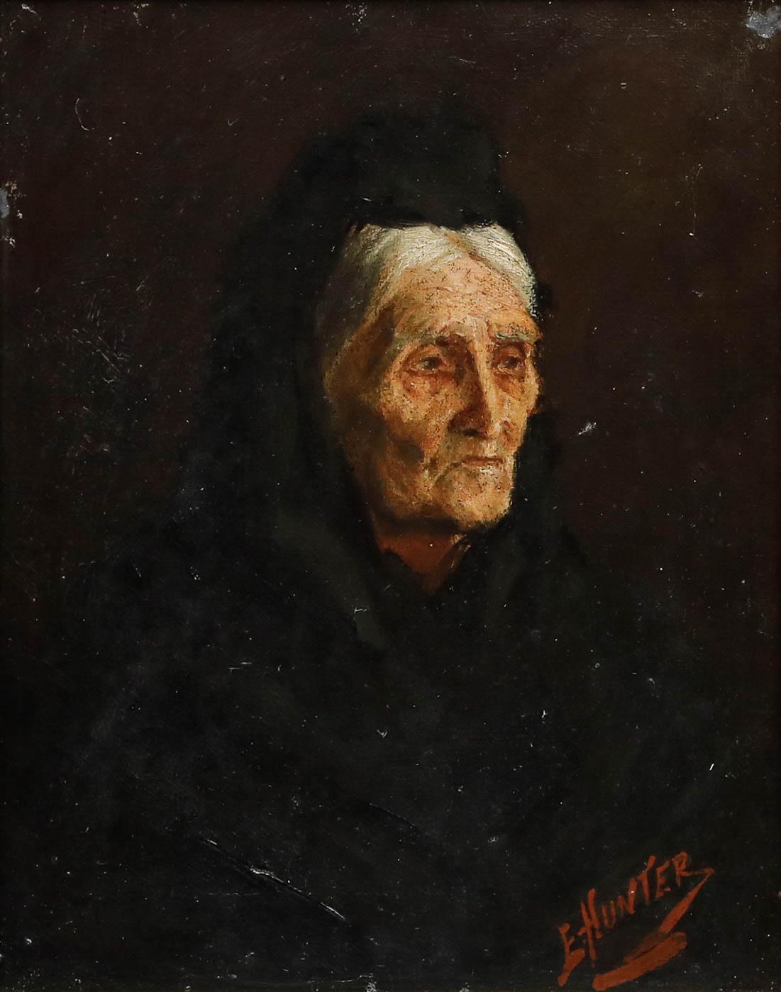 E. Hunter - Spätes 19. Jahrhundert Öl, Trauernde Dame – Painting von Unknown