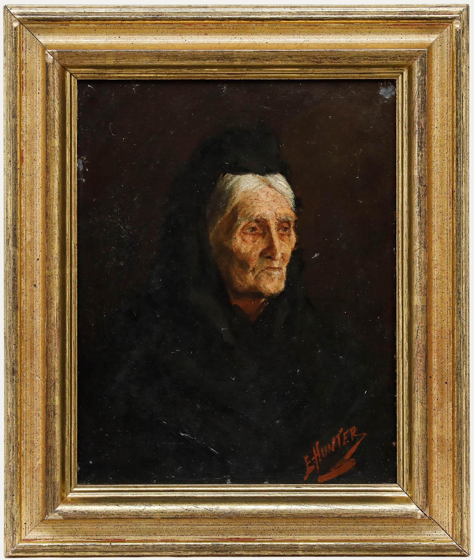 E. Hunter - Spätes 19. Jahrhundert Öl, Trauernde Dame