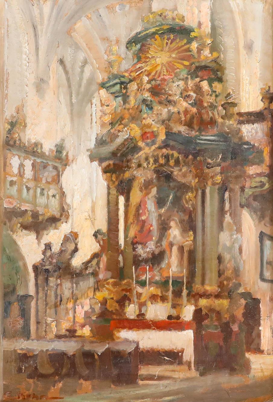 E. Kohn - Mitte 20. Jahrhundert Öl, Church's Interior – Painting von Unknown