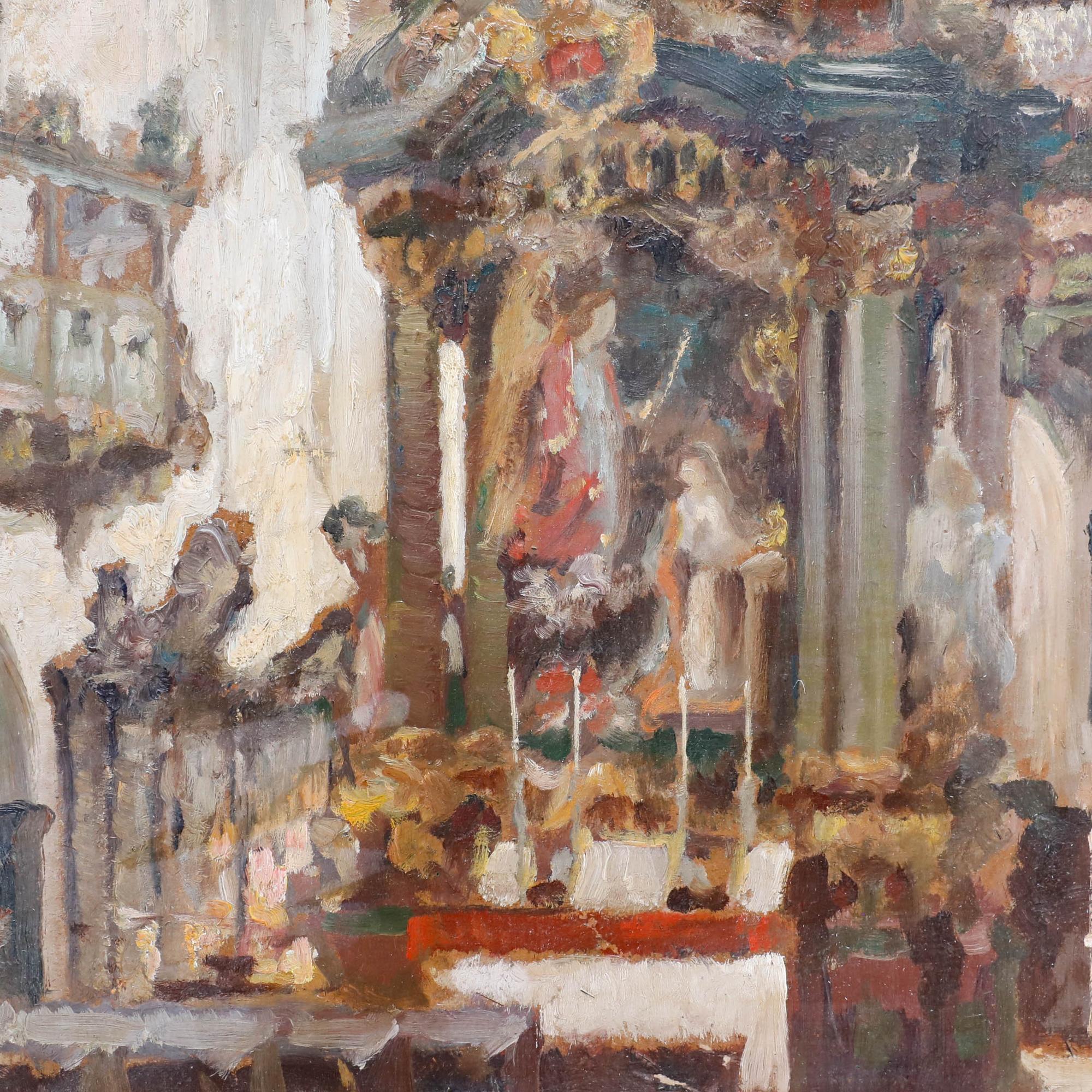 Eine reizvolle Studie des Künstlers E. Kohn über das Innere der Kirche, die mit weichen impressionistischen Pinselstrichen und einer reichen Farbpalette wiedergegeben wurde. Der Betrachter wird in den erhabenen Altarraum hineingezogen, wo große