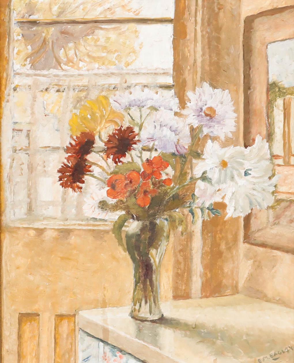 E. M. Bagley - Óleo enmarcado del siglo XX, Flores cerca de una ventana - Painting de Unknown