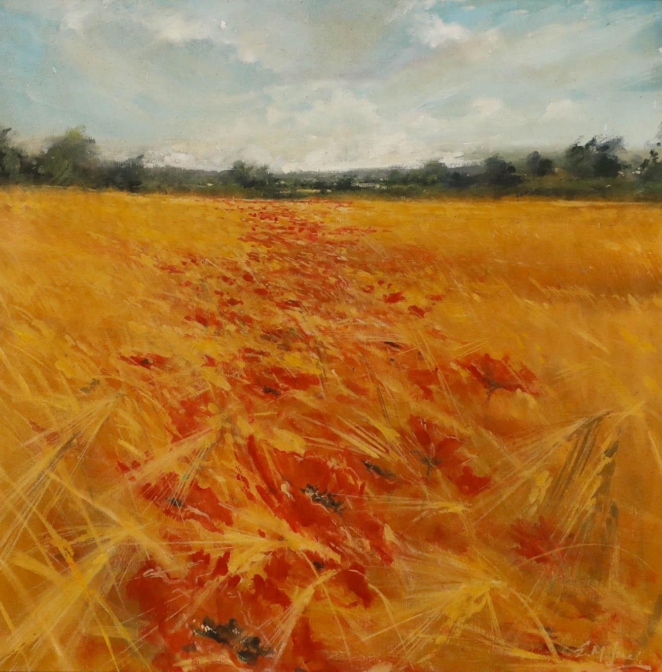 E. M. Jones - Framed 20th Century Oil, Wheat Fields with Poppies - Painting by Unknown