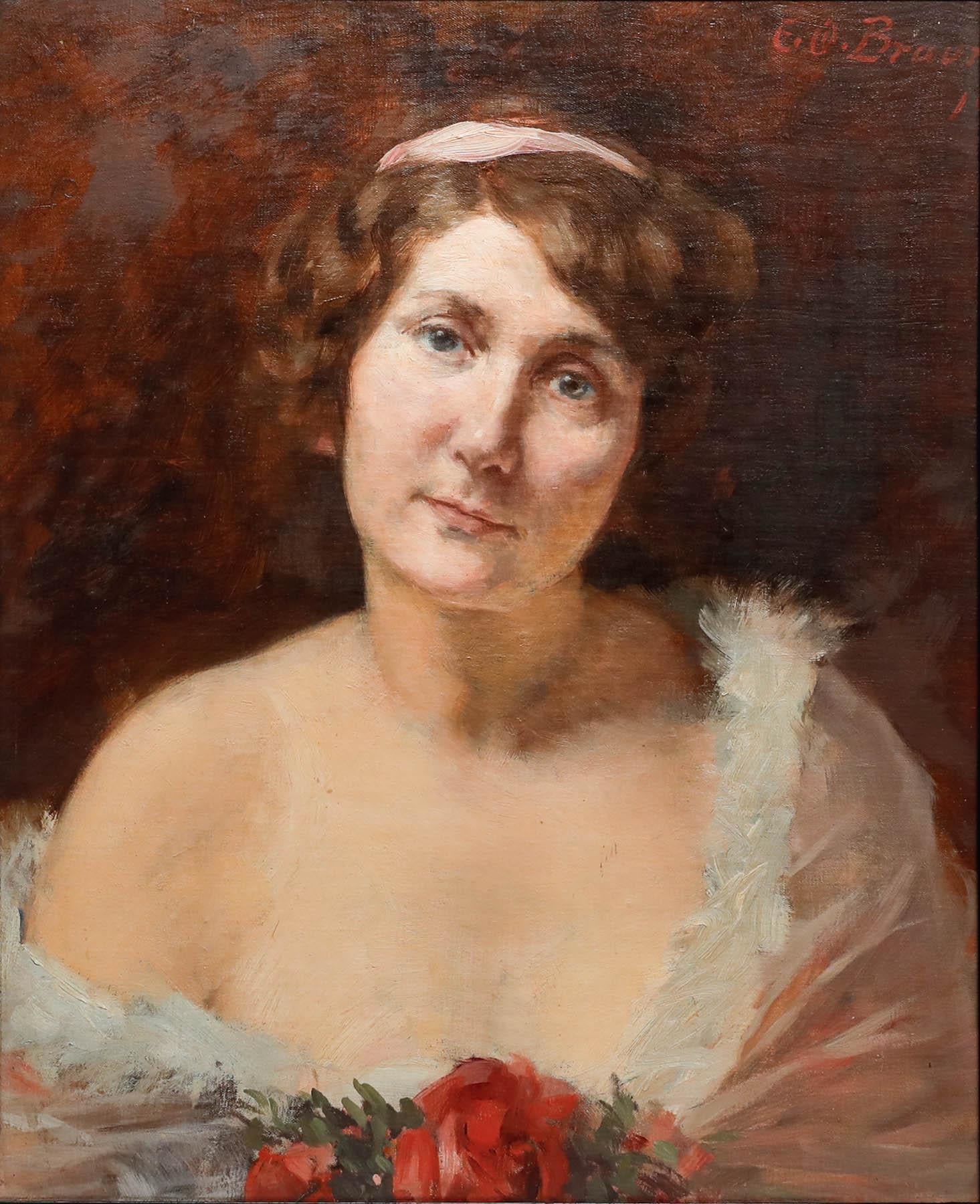 E. O. Braun - German School Principios del siglo XX Óleo, Dama con rosas - Painting de Unknown
