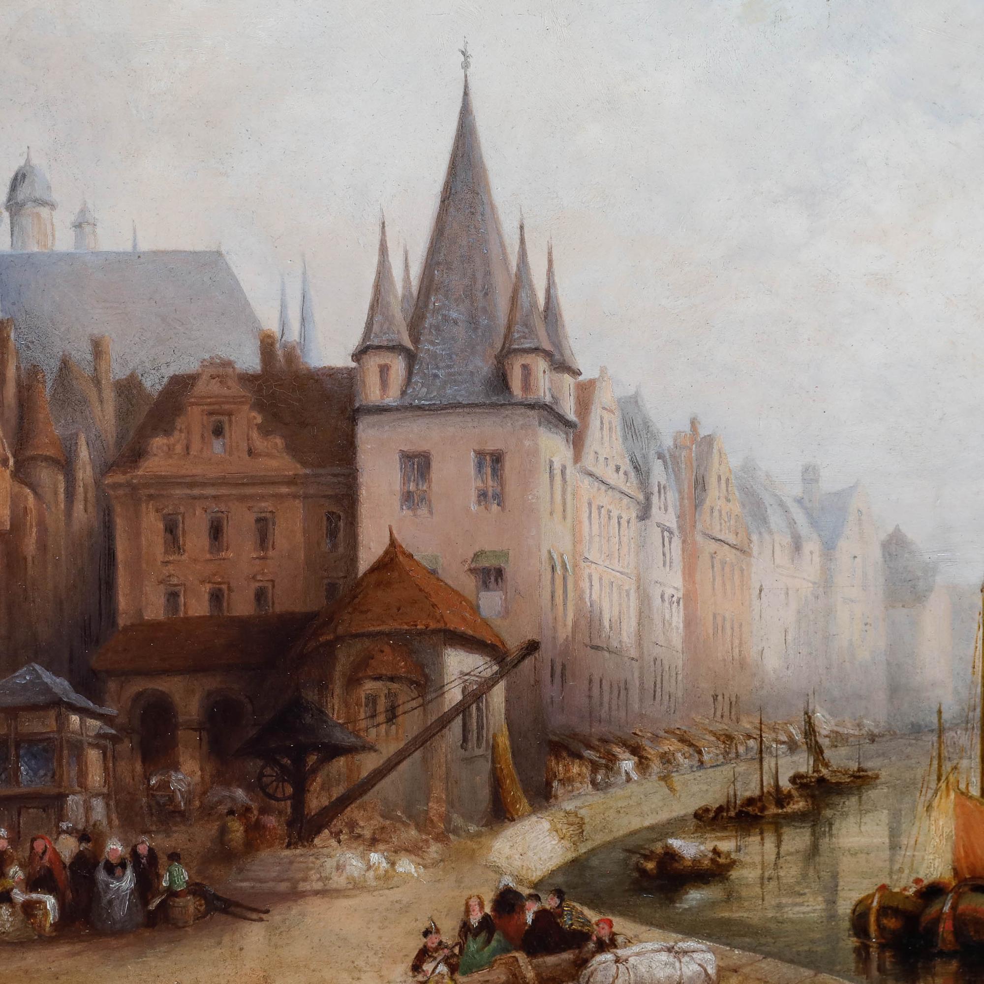 Eine detaillierte Szene, die das Frankfurt des frühen 19. Jahrhunderts vor dem Abriss des Domturms zeigt. Im Vordergrund sind Figuren an Marktständen und am Flussufer zu sehen.

Originaletikett verso signiert und beschriftet. Präsentiert in einem